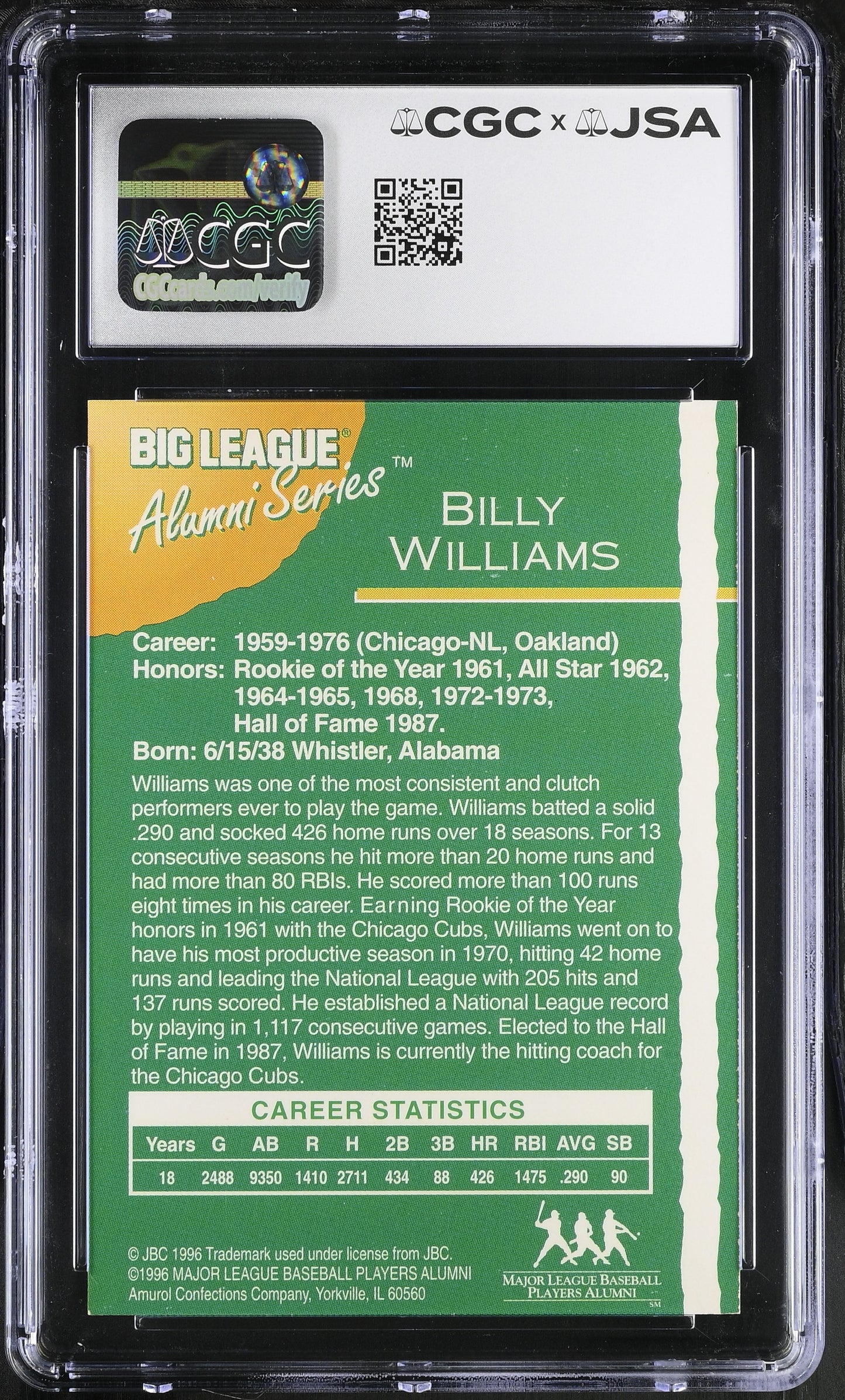 Billy Williams 1996 Big League Chew Signed/Autographed Card CGC x JSA BA206430