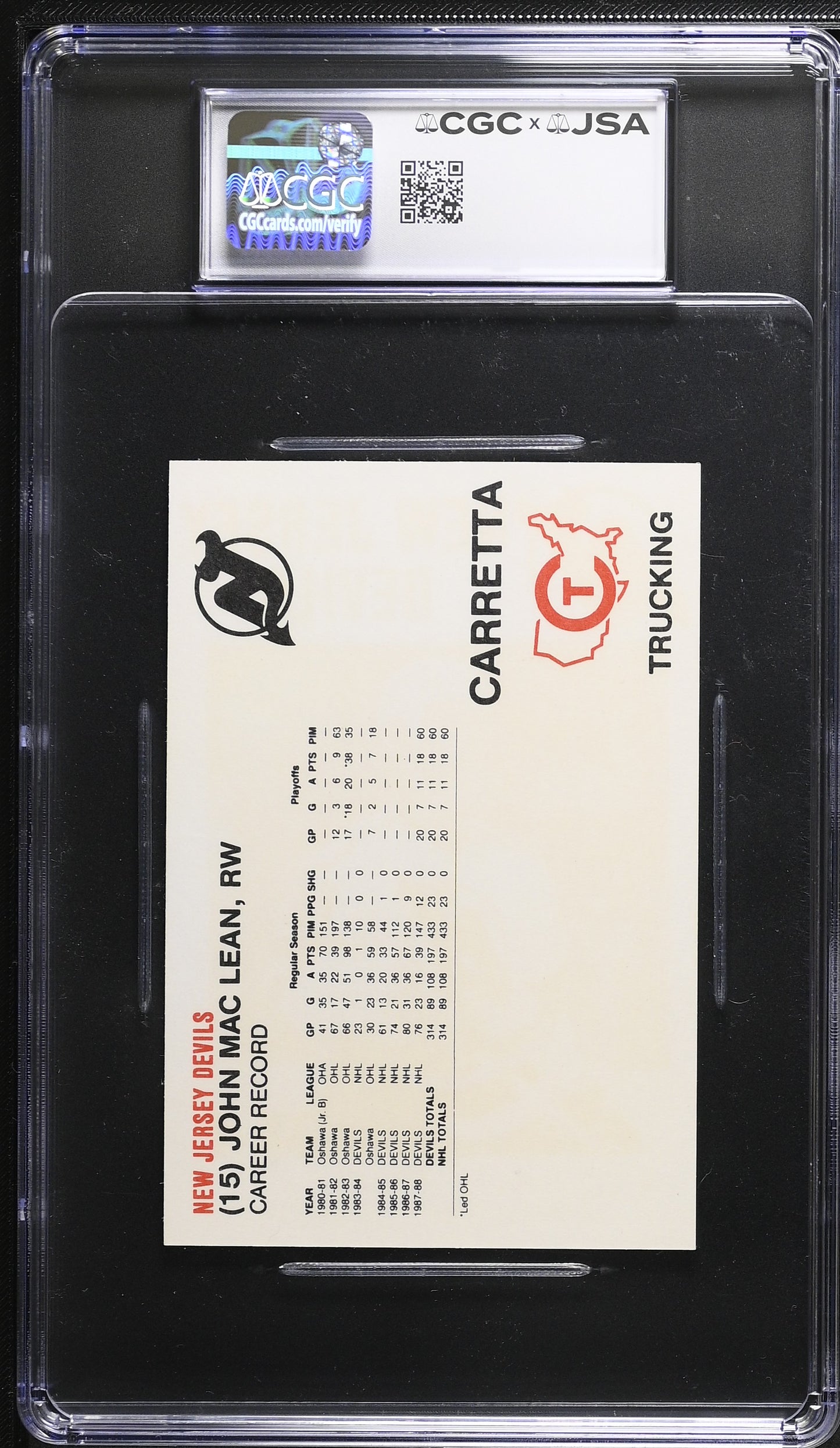 John MacLean 1988-89 Carretta Signed/Autographed Card CGC x JSA BA206433