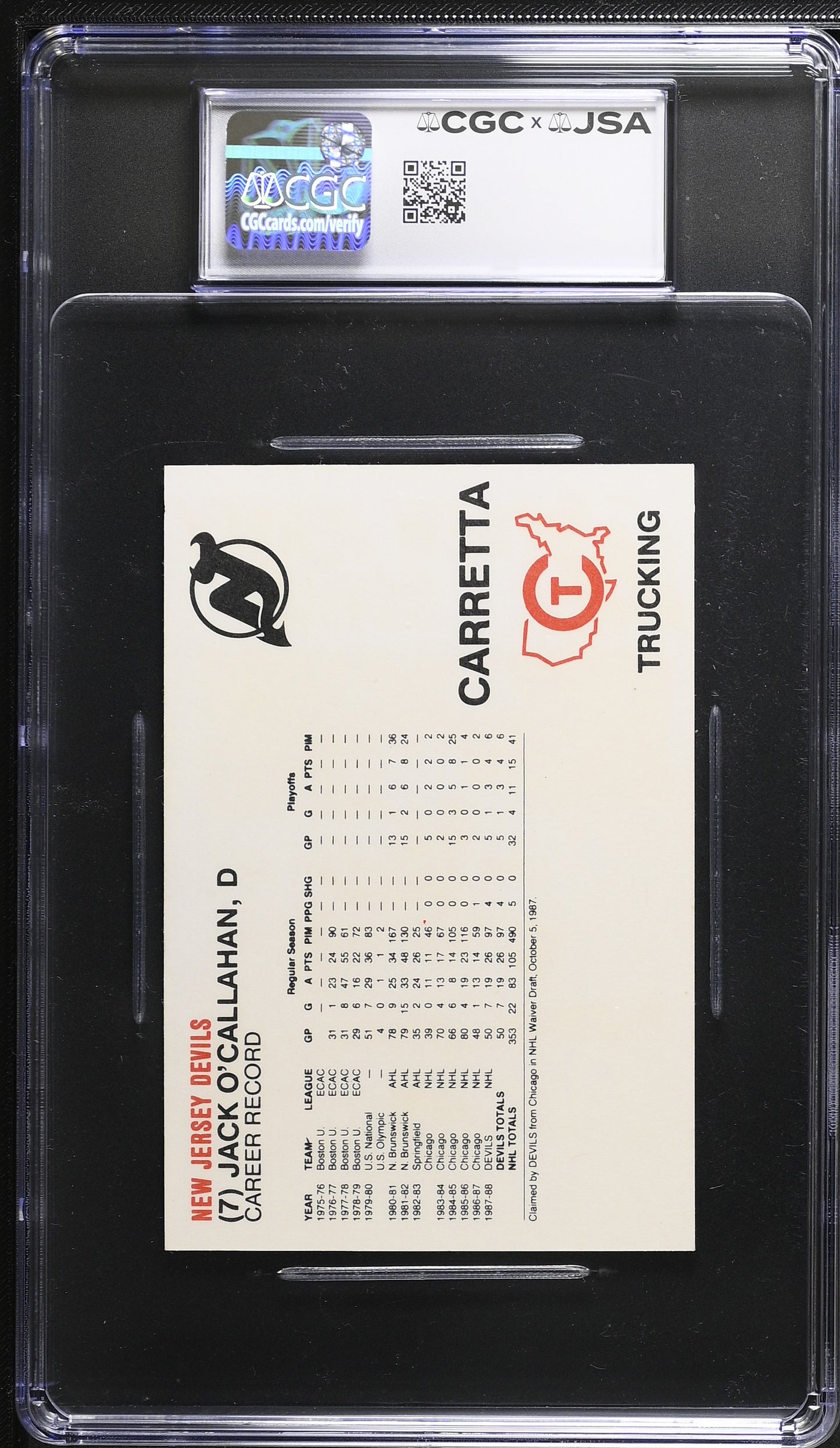 Jack O'Callahan 1988-89 Carretta Signed/Autographed Card CGC x JSA BA206434