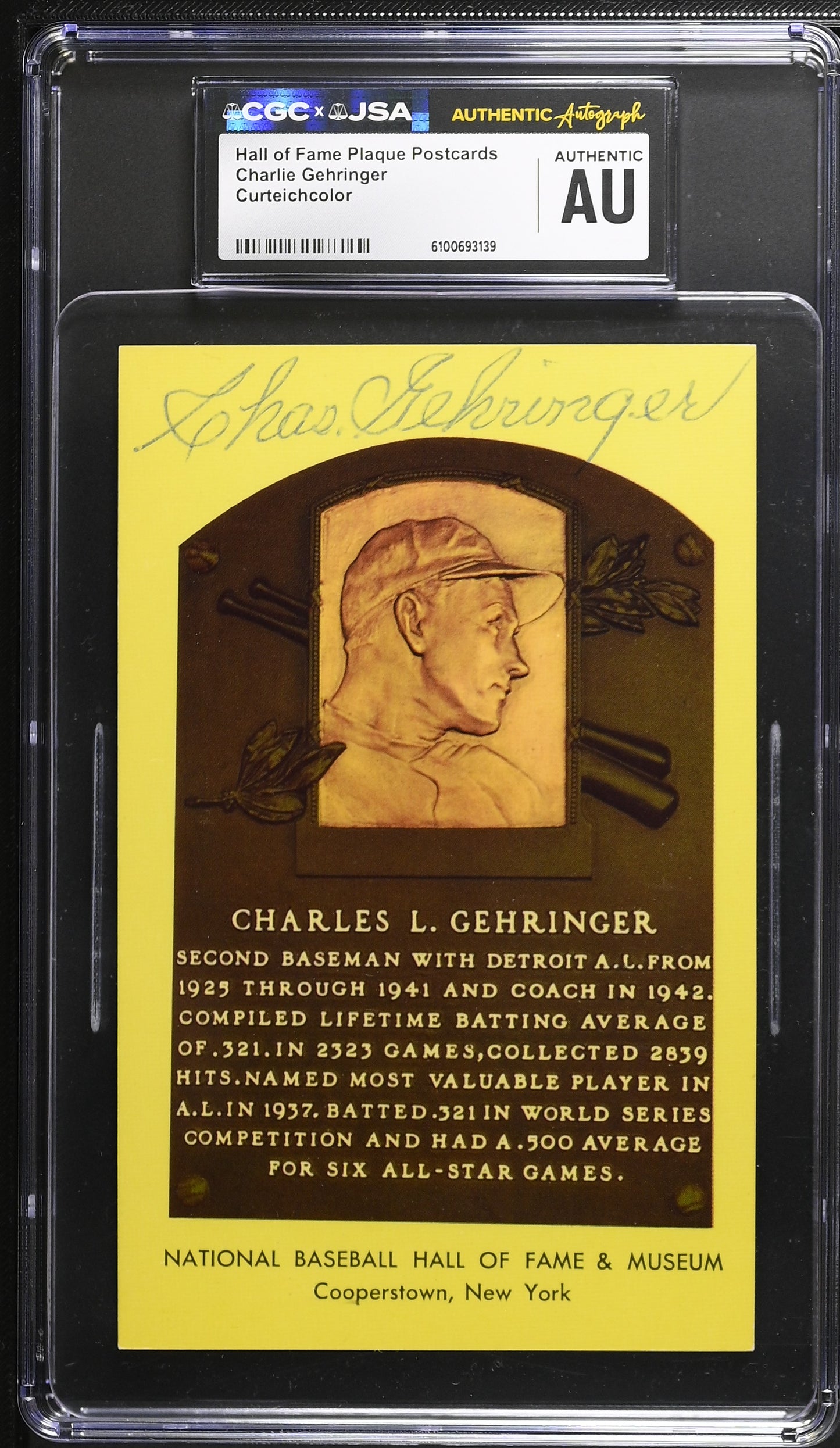 Charlie Gehringer Signed/Auto Gold HOF Plaque Postcard CGC x JSA Tigers BA206436