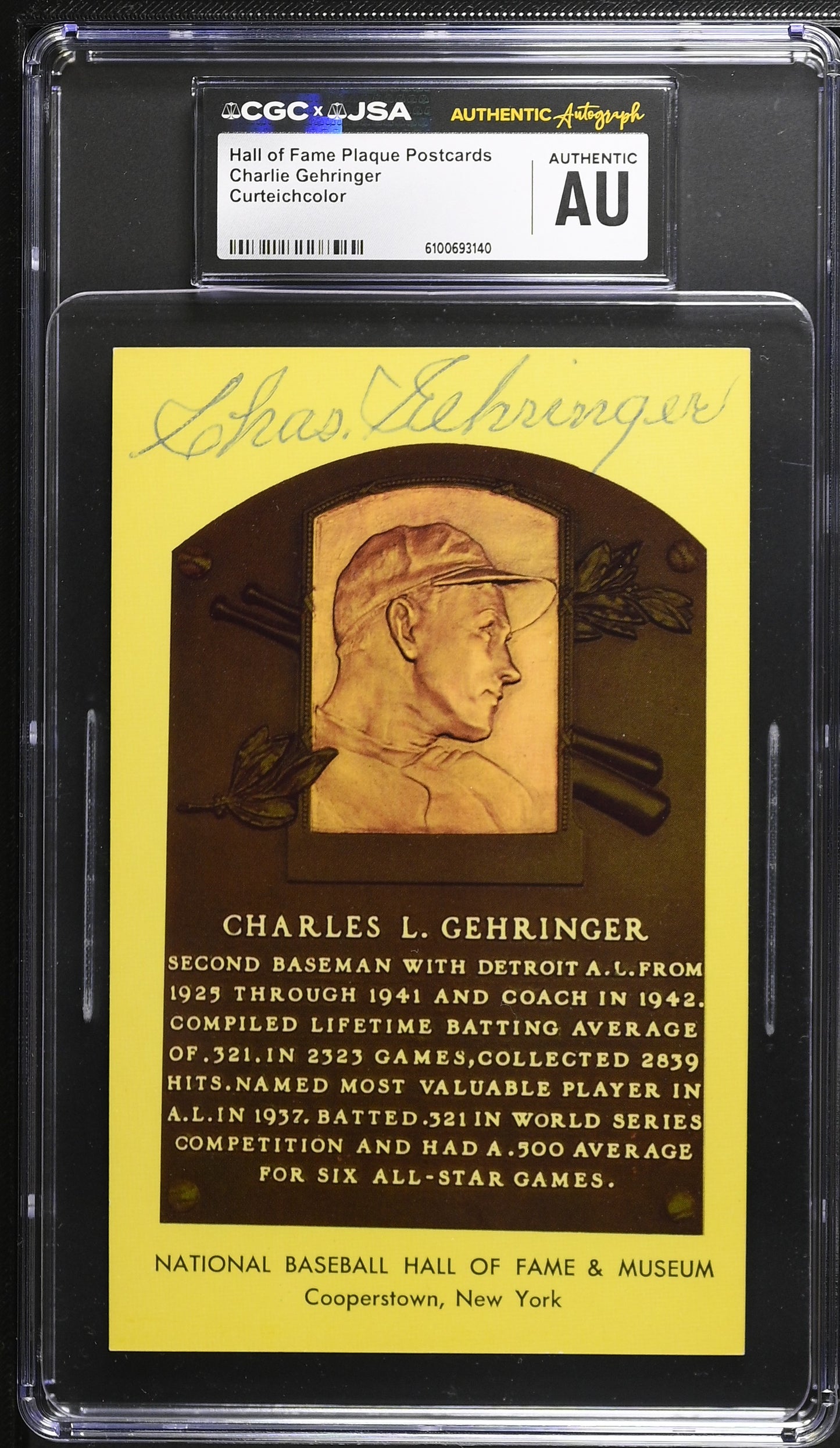 Charlie Gehringer Signed/Auto Gold HOF Plaque Postcard CGC x JSA Tigers BA206437