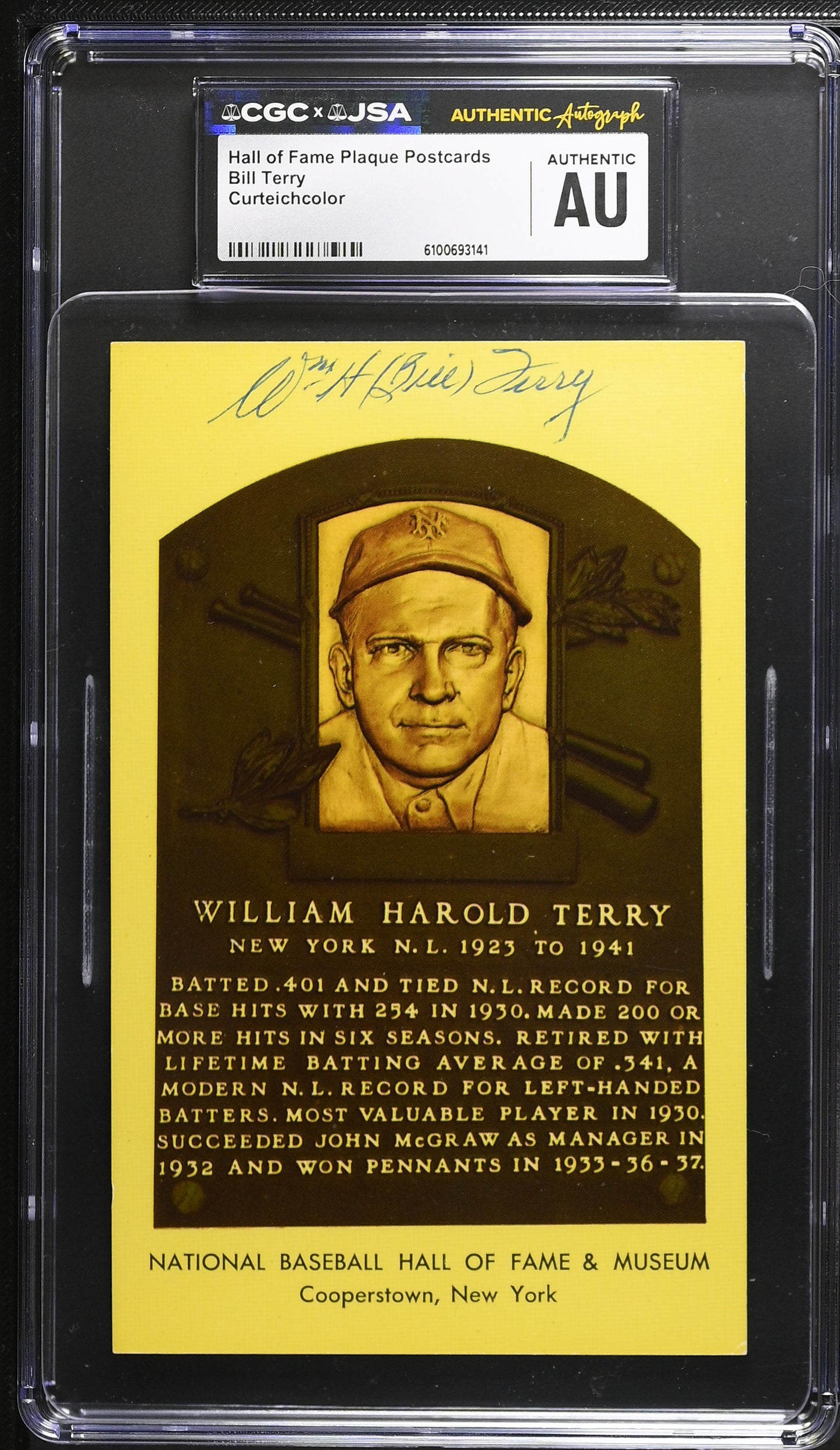 Bill Terry Signed/Auto Gold HOF Plaque Postcard CGC x JSA Mets BA206438