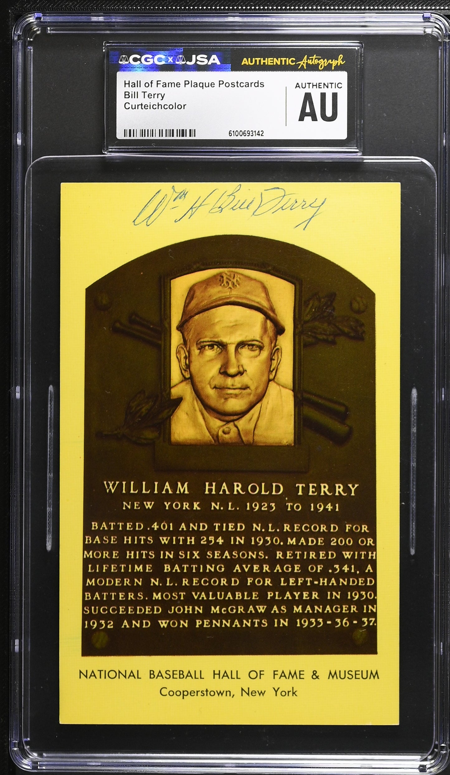 Bill Terry Signed/Auto Gold HOF Plaque Postcard CGC x JSA Mets BA206439