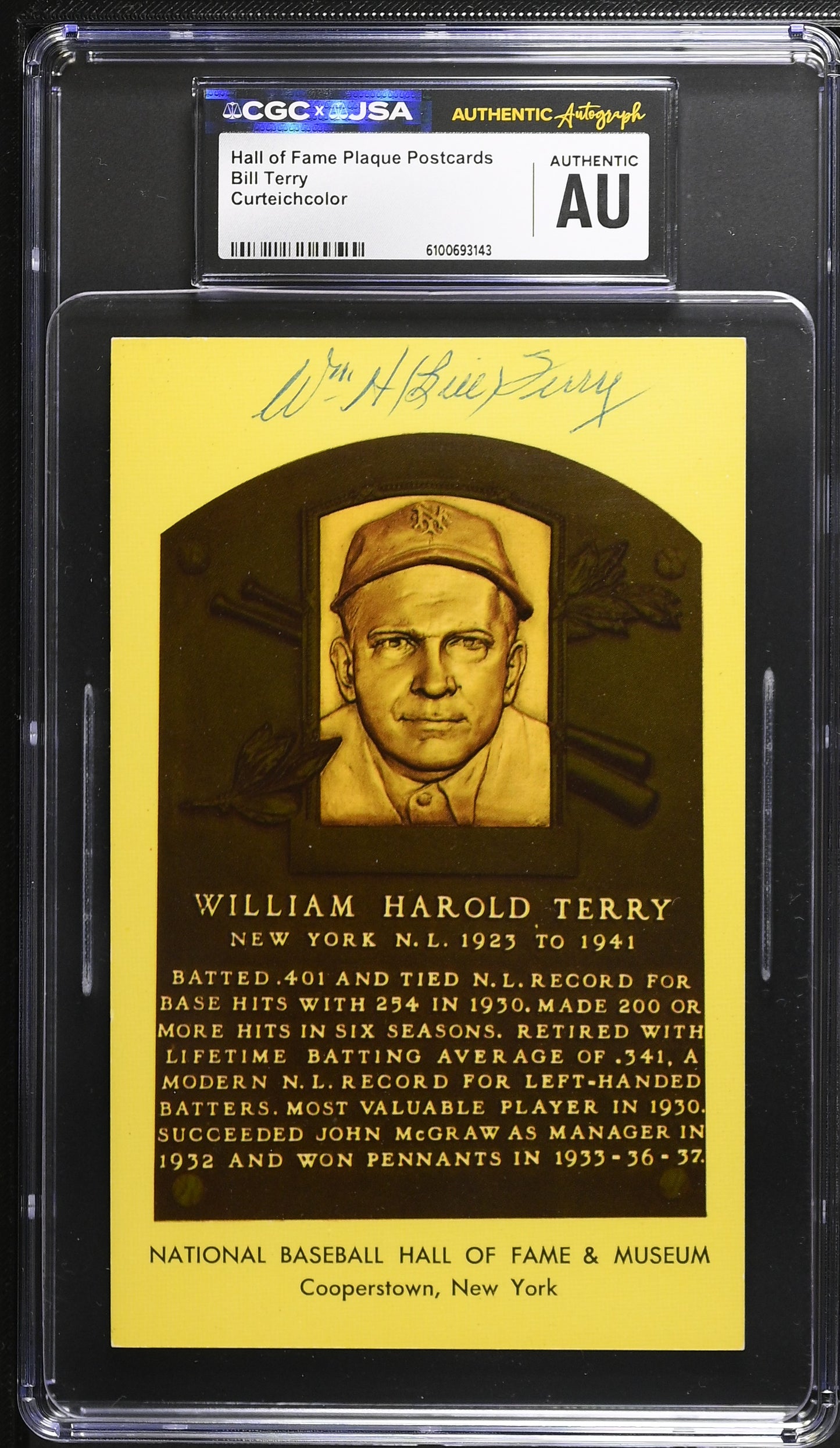 Bill Terry Signed/Auto Gold HOF Plaque Postcard CGC x JSA Mets BA206440