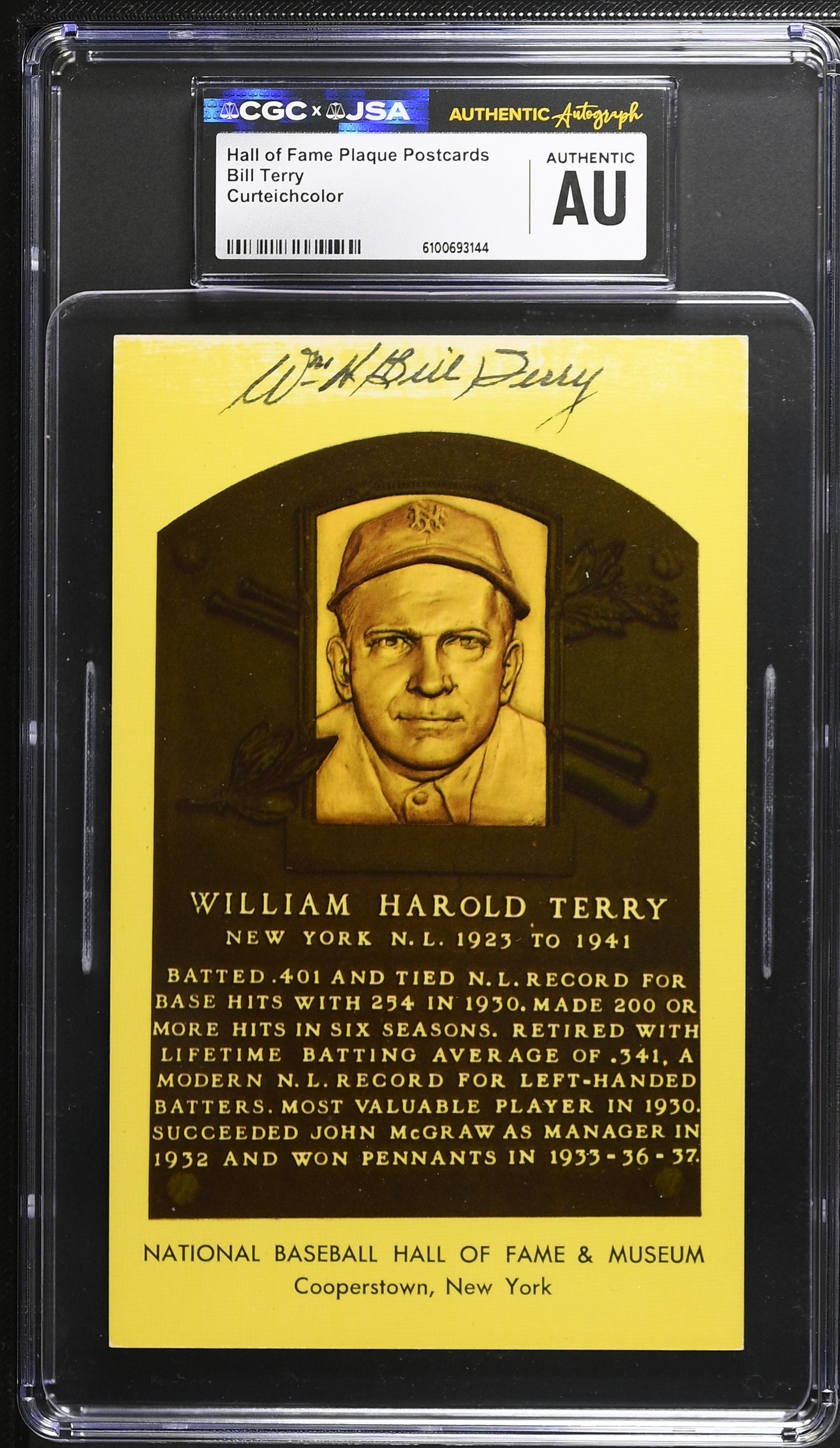 Bill Terry Signed/Auto Gold HOF Plaque Postcard CGC x JSA Mets BA206441