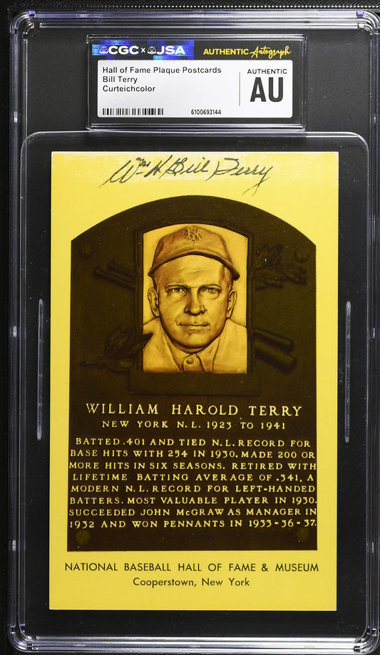 Bill Terry Signed/Auto Gold HOF Plaque Postcard CGC x JSA Mets BA206441