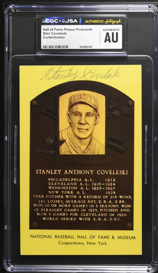Stan Covelesk Signed/Auto Gold HOF Plaque Postcard CGC x JSA Indians BA206442