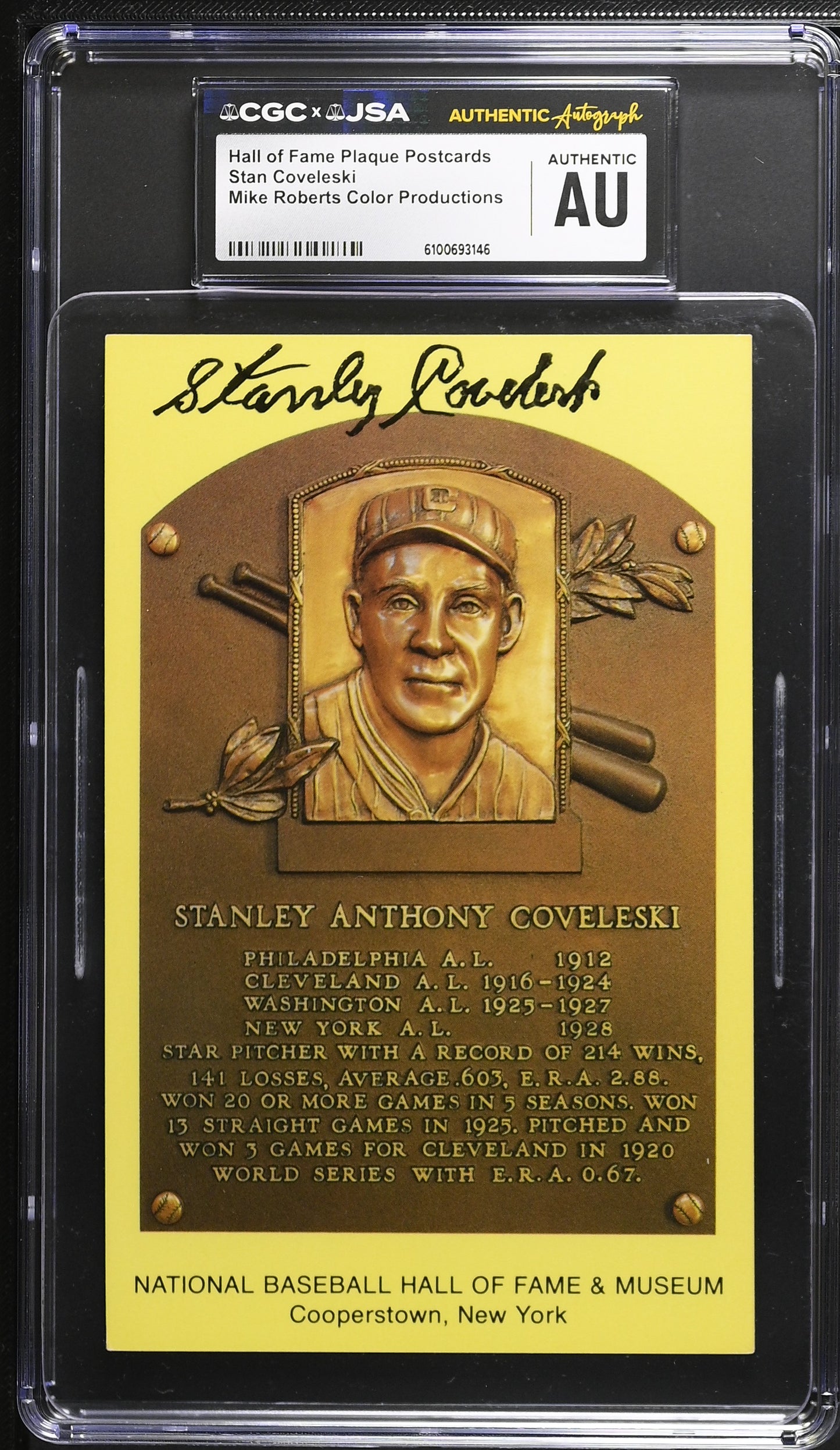 Stan Covelesk Signed/Auto Gold HOF Plaque Postcard CGC x JSA Indians BA206443