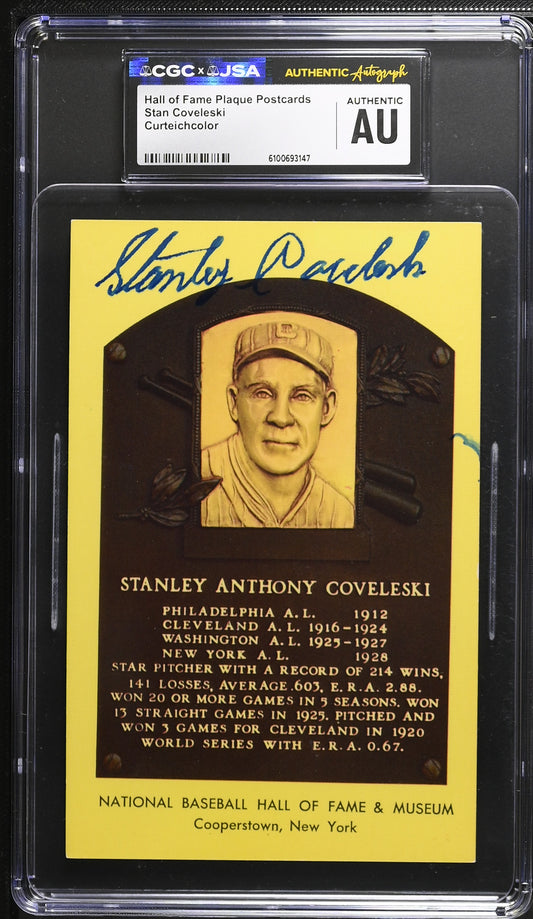 Stan Covelesk Signed/Auto Gold HOF Plaque Postcard CGC x JSA Indians BA206444