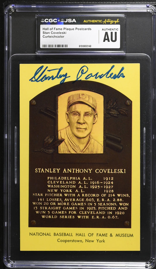 Stan Covelesk Signed/Auto Gold HOF Plaque Postcard CGC x JSA Indians BA206445
