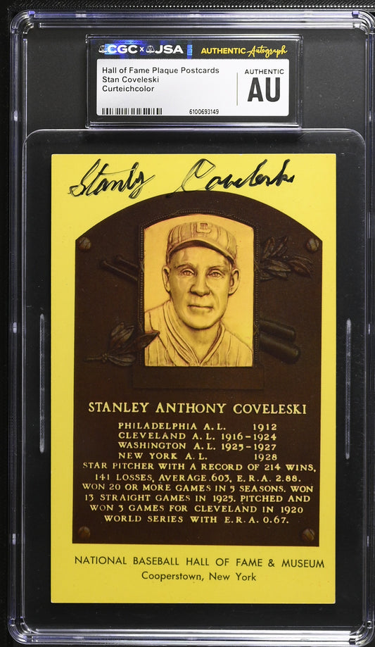 Stan Covelesk Signed/Auto Gold HOF Plaque Postcard CGC x JSA Indians BA206446