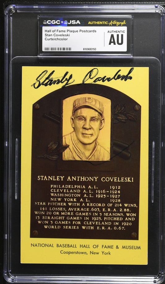 Stan Covelesk Signed/Auto Gold HOF Plaque Postcard CGC x JSA Indians BA206447