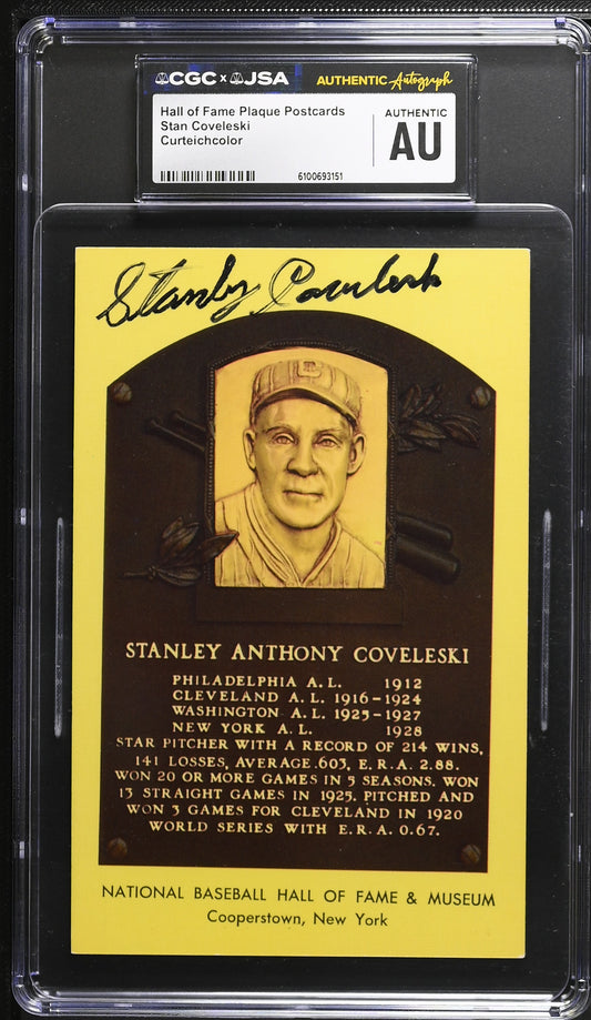 Stan Covelesk Signed/Auto Gold HOF Plaque Postcard CGC x JSA Indians BA206448