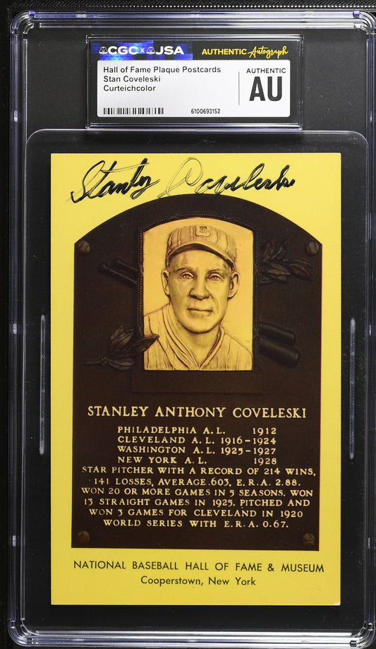 Stan Covelesk Signed/Auto Gold HOF Plaque Postcard CGC x JSA Indians BA206449