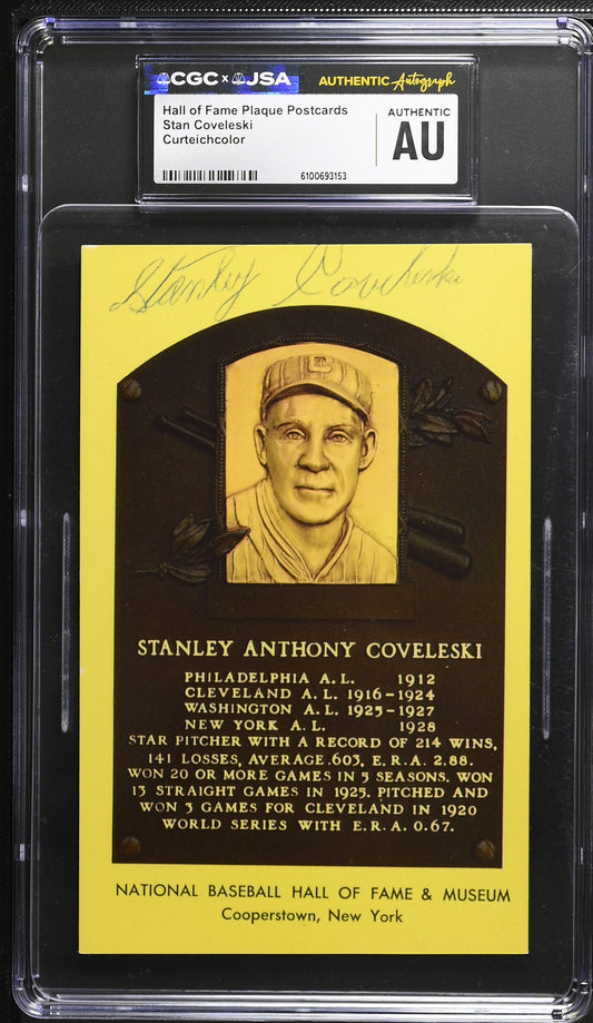 Stan Covelesk Signed/Auto Gold HOF Plaque Postcard CGC x JSA Indians BA206450