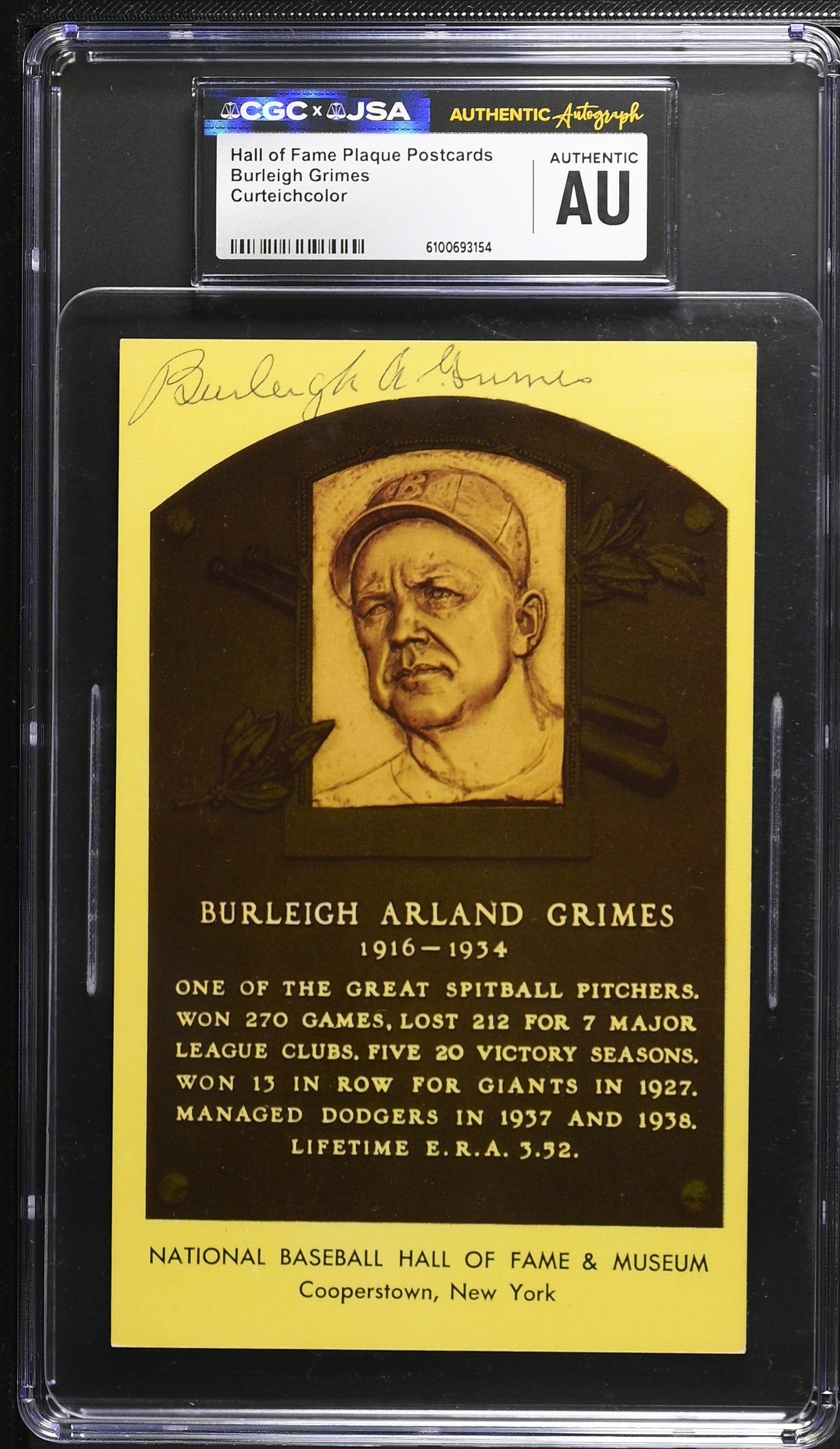 Burleigh Grimes Signed/Auto Gold HOF Plaque Postcard CGC x JSA Dodgers BA206451