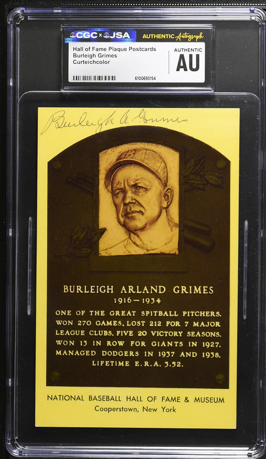 Burleigh Grimes Signed/Auto Gold HOF Plaque Postcard CGC x JSA Dodgers BA206451