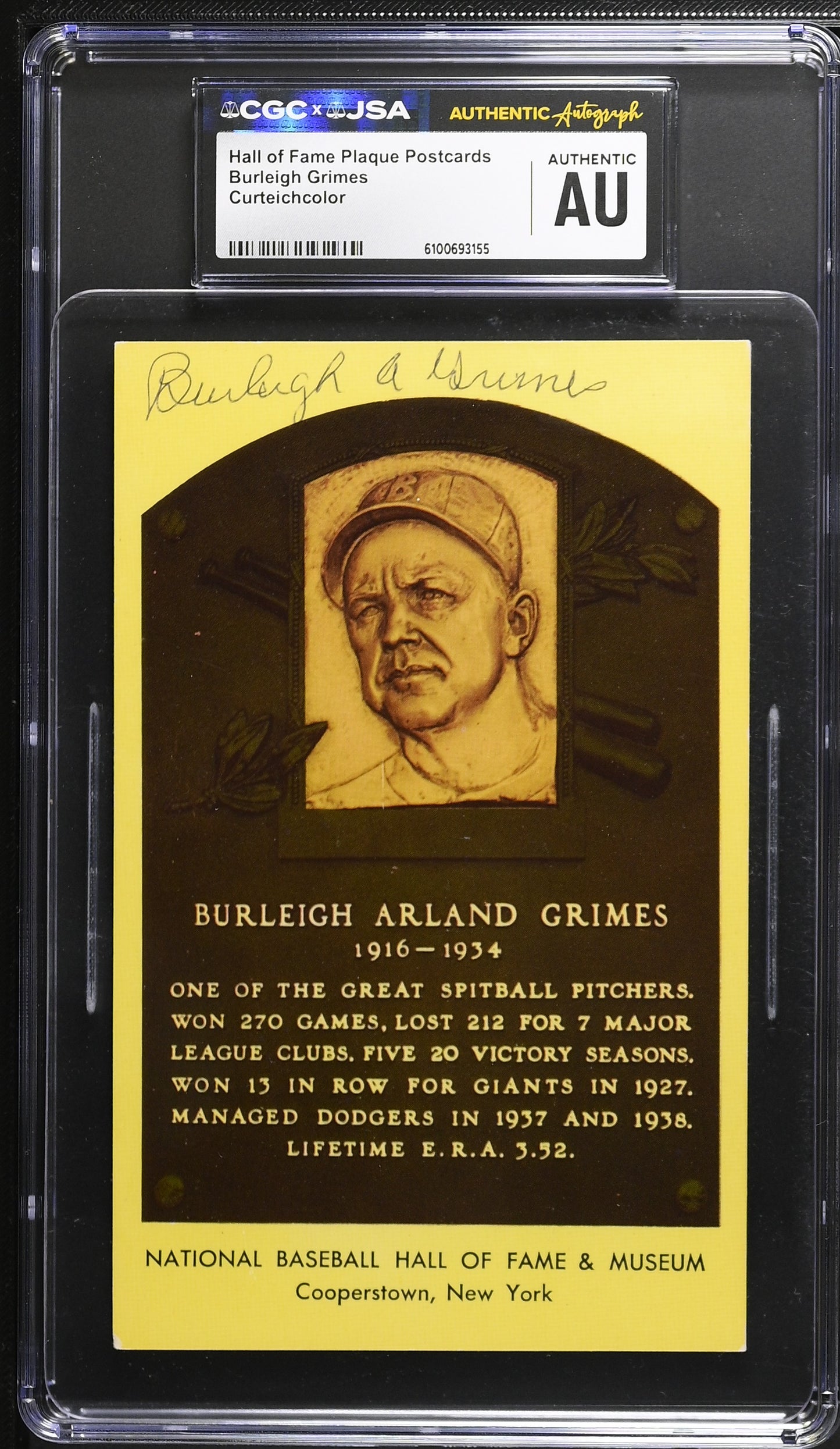 Burleigh Grimes Signed/Auto Gold HOF Plaque Postcard CGC x JSA Dodgers BA206452