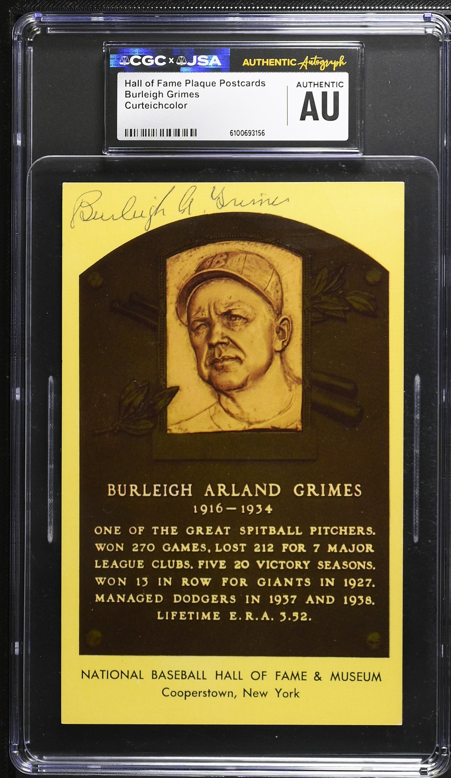 Burleigh Grimes Signed/Auto Gold HOF Plaque Postcard CGC x JSA Dodgers BA206453