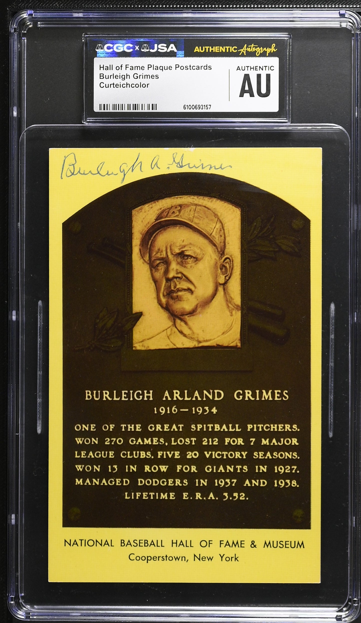 Burleigh Grimes Signed/Auto Gold HOF Plaque Postcard CGC x JSA Dodgers BA206454
