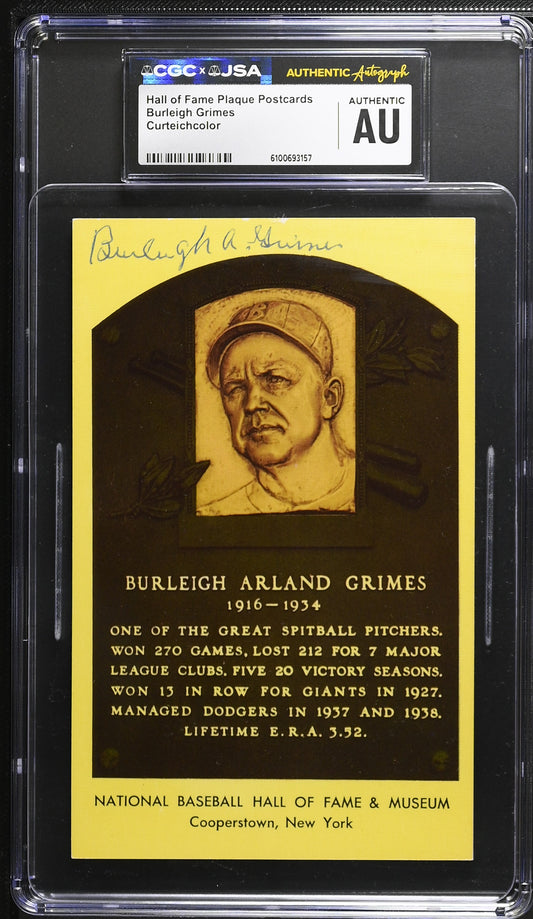Burleigh Grimes Signed/Auto Gold HOF Plaque Postcard CGC x JSA Dodgers BA206454