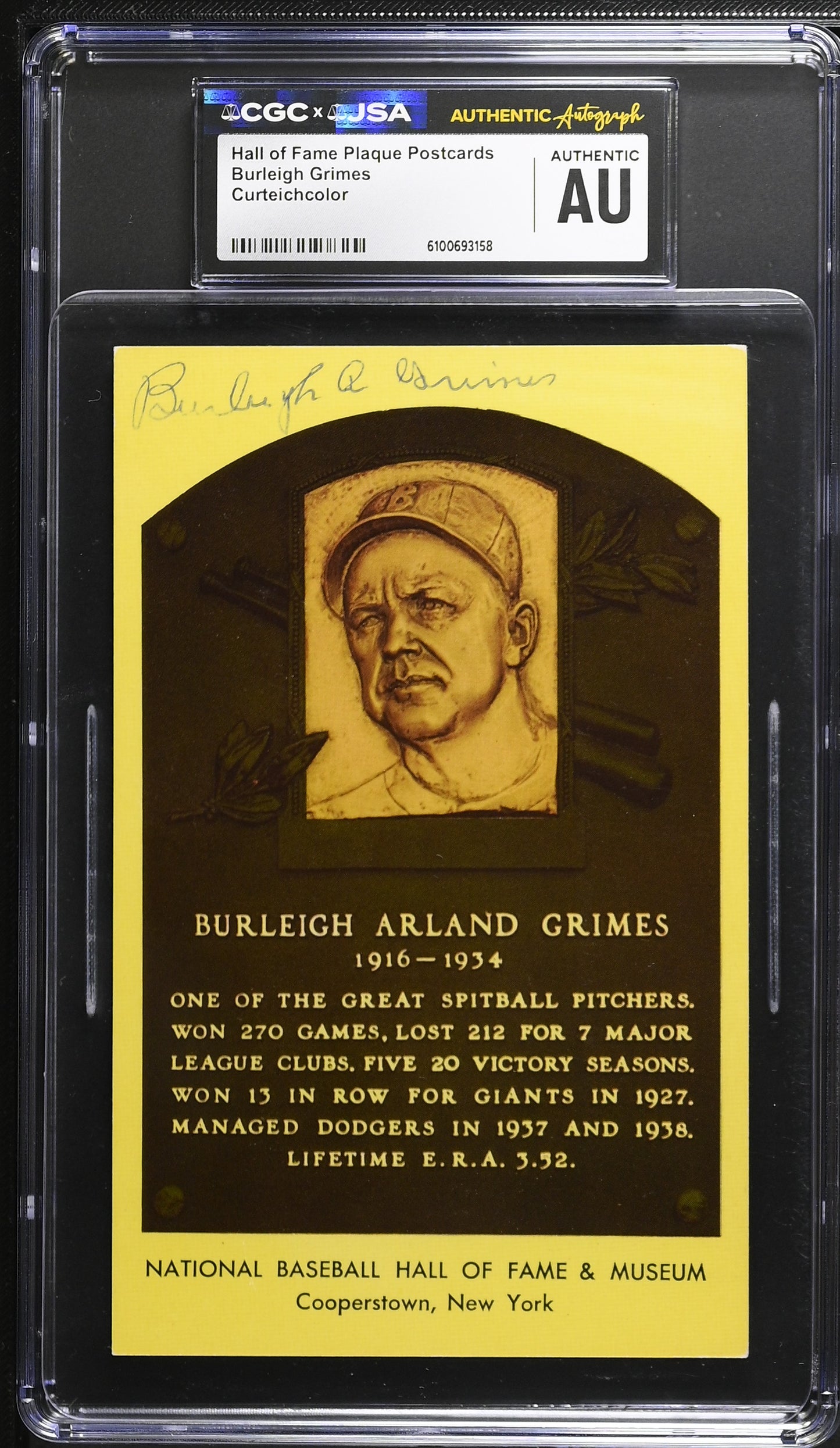 Burleigh Grimes Signed/Auto Gold HOF Plaque Postcard CGC x JSA Dodgers BA206455