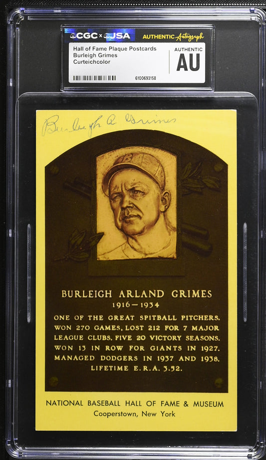 Burleigh Grimes Signed/Auto Gold HOF Plaque Postcard CGC x JSA Dodgers BA206455