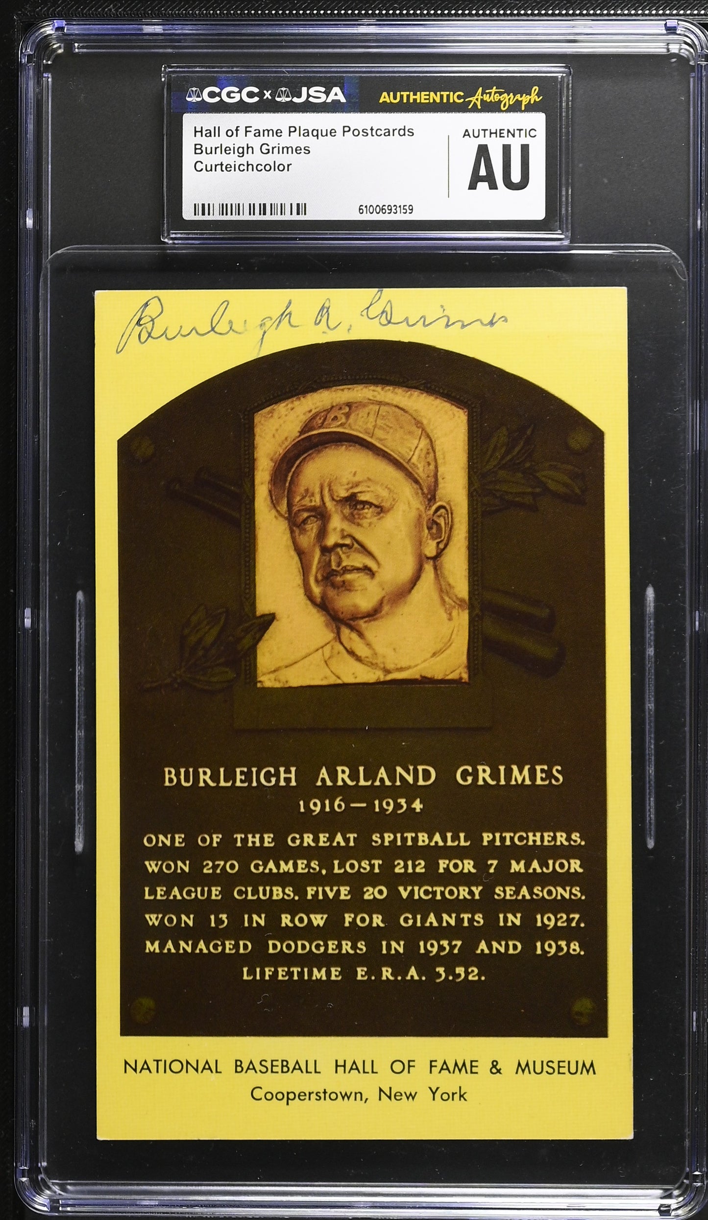 Burleigh Grimes Signed/Auto Gold HOF Plaque Postcard CGC x JSA Dodgers BA206456