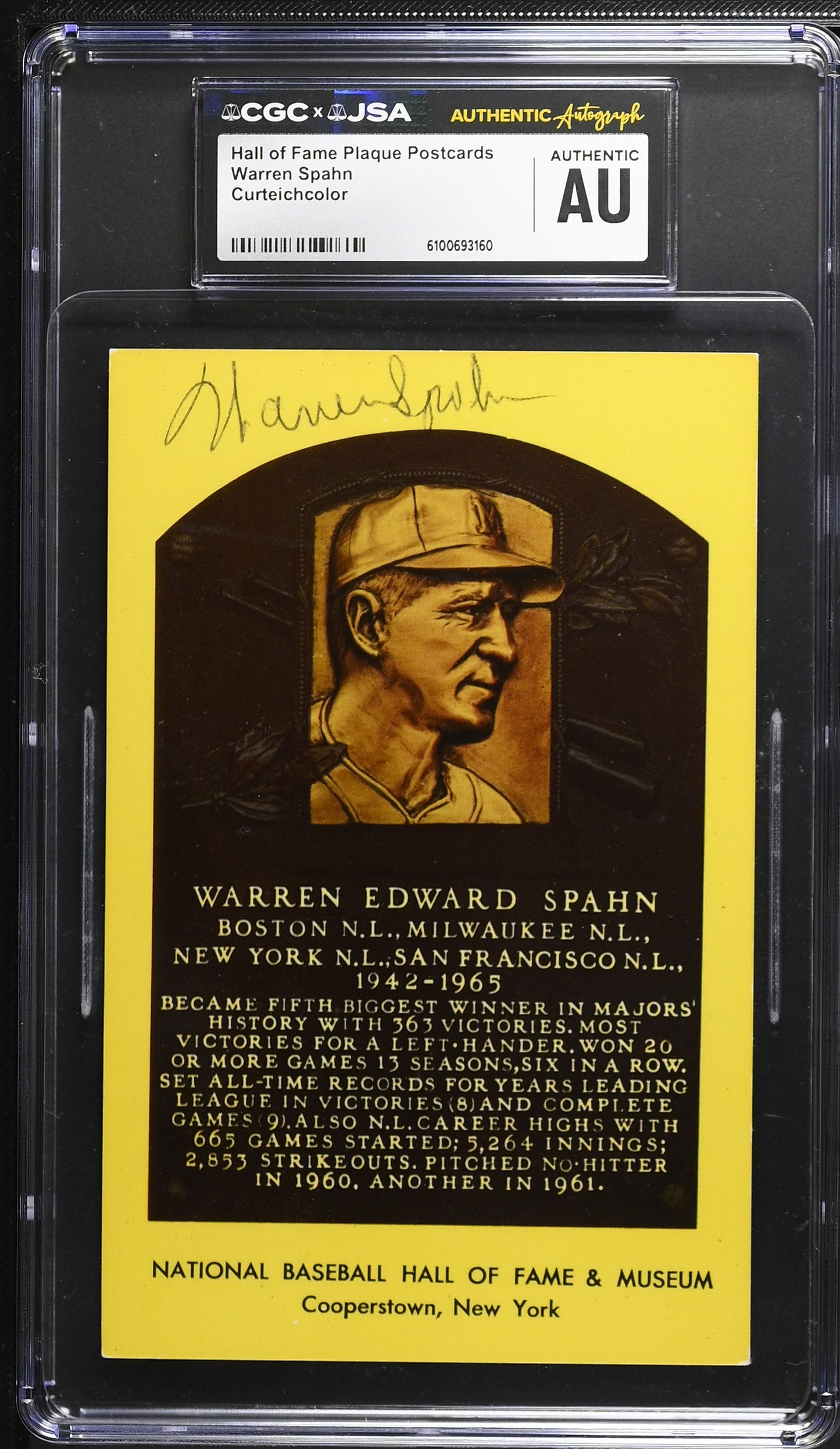 Warren Spahn Signed/Auto Gold HOF Plaque Postcard CGC x JSA Braves BA206457
