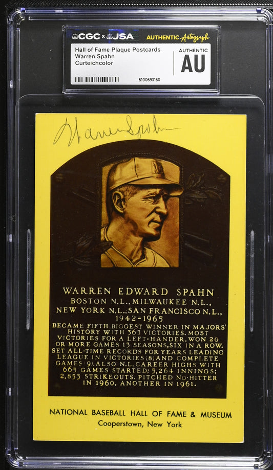 Warren Spahn Signed/Auto Gold HOF Plaque Postcard CGC x JSA Braves BA206457