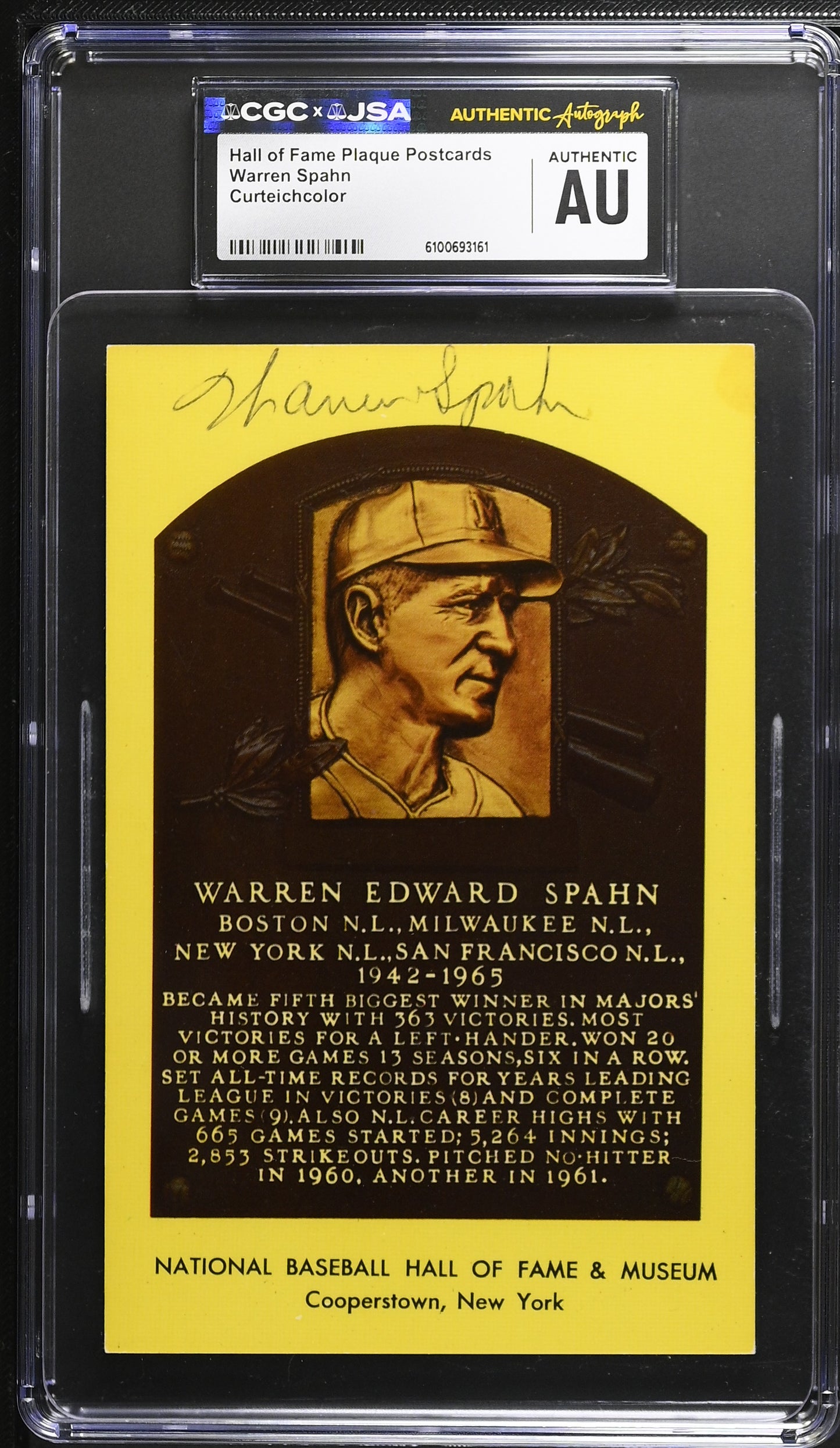 Warren Spahn Signed/Auto Gold HOF Plaque Postcard CGC x JSA Braves BA206458
