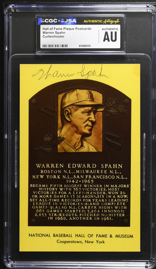 Warren Spahn Signed/Auto Gold HOF Plaque Postcard CGC x JSA Braves BA206458