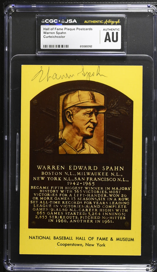 Warren Spahn Signed/Auto Gold HOF Plaque Postcard CGC x JSA Braves BA206459