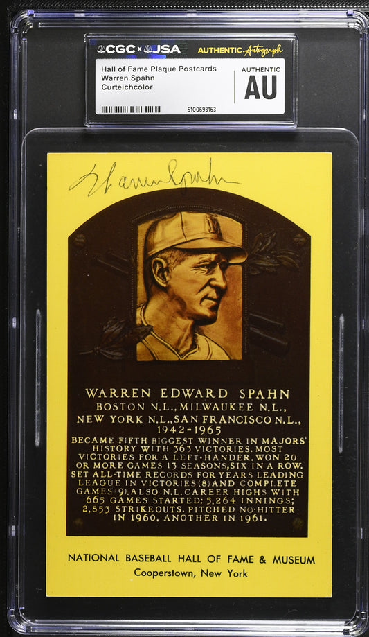 Warren Spahn Signed/Auto Gold HOF Plaque Postcard CGC x JSA Braves BA206460