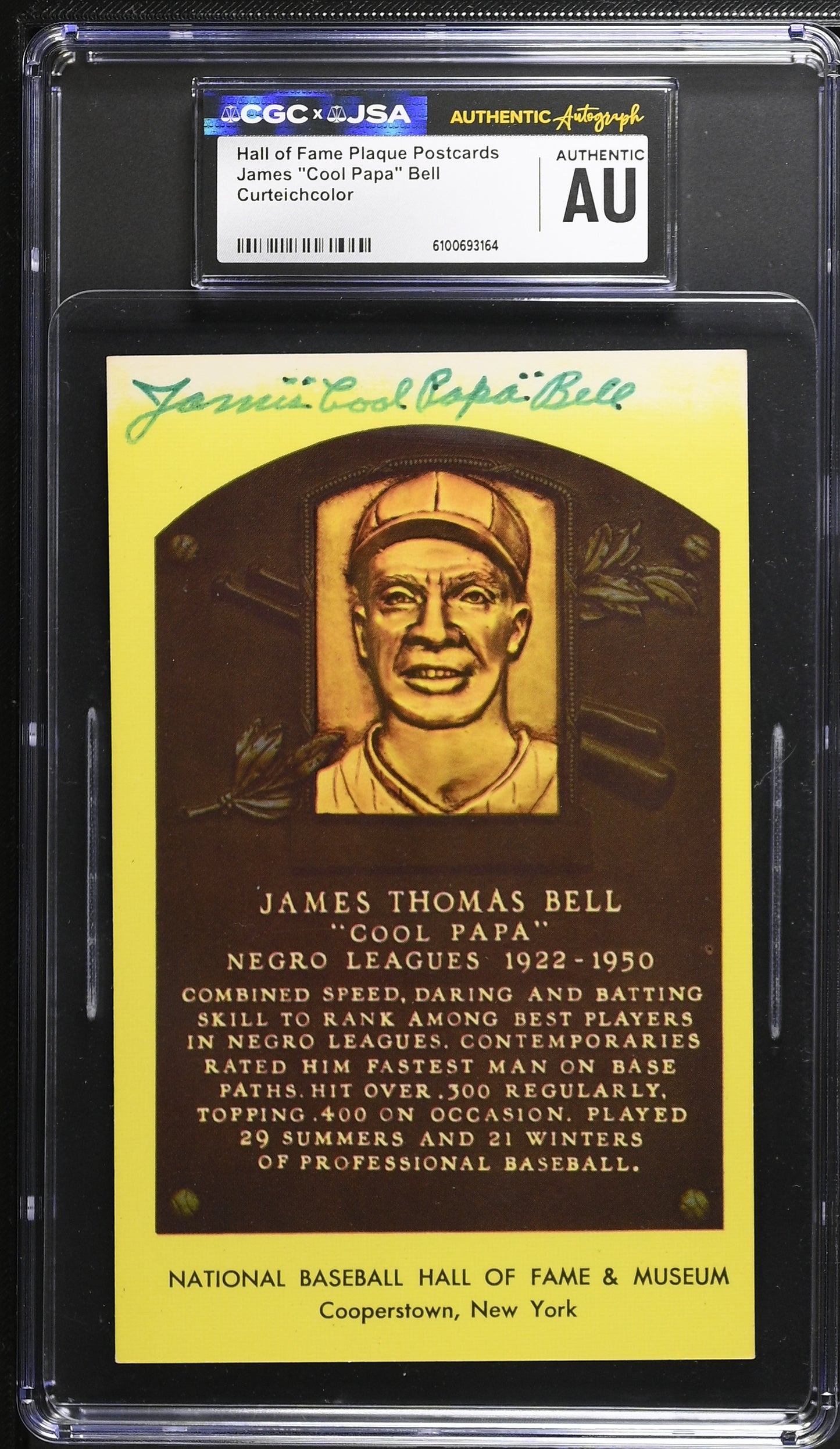James "Cool Papa" Bell Signed/Auto Gold HOF Plaque Postcard CGC x JSA  BA206461