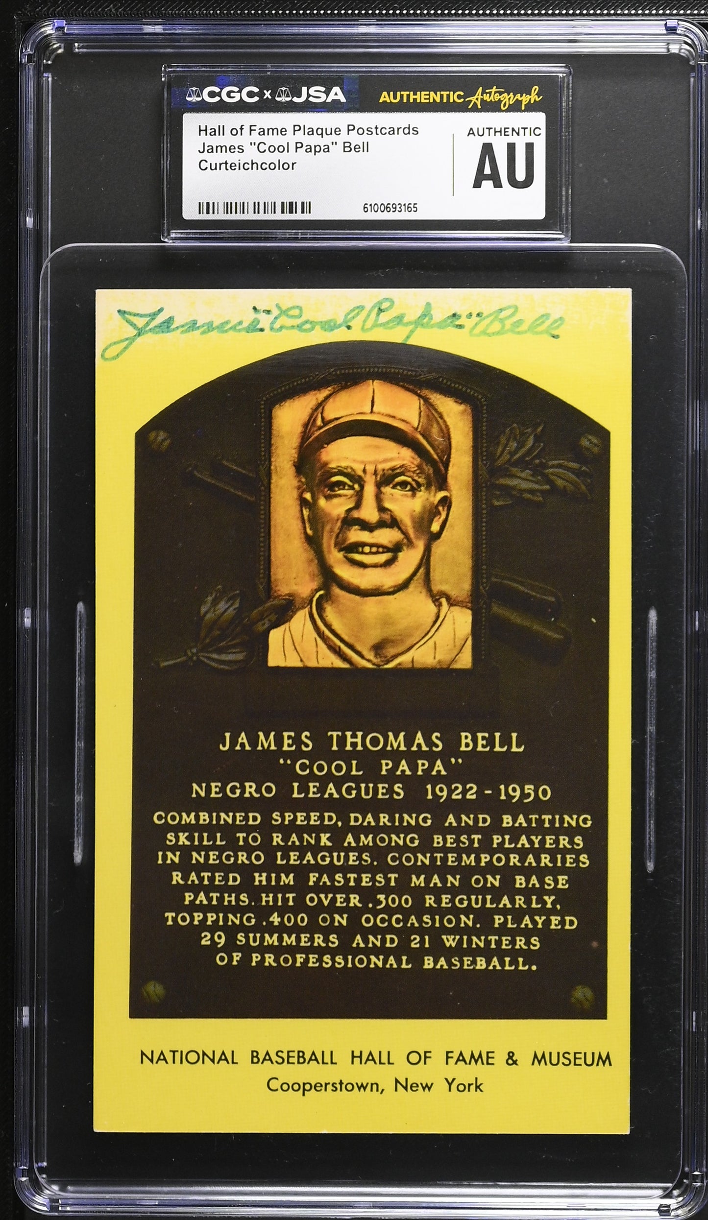 James "Cool Papa" Bell Signed/Auto Gold HOF Plaque Postcard CGC x JSA  BA206462