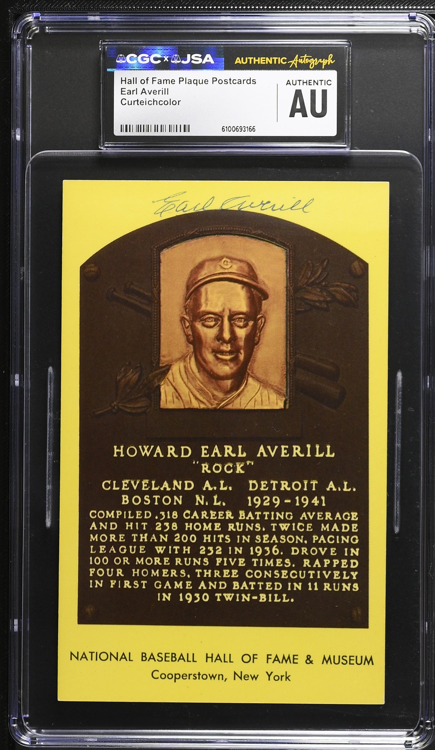 Earl Averill Signed/Auto Gold HOF Plaque Postcard CGC x JSA Reds BA206463