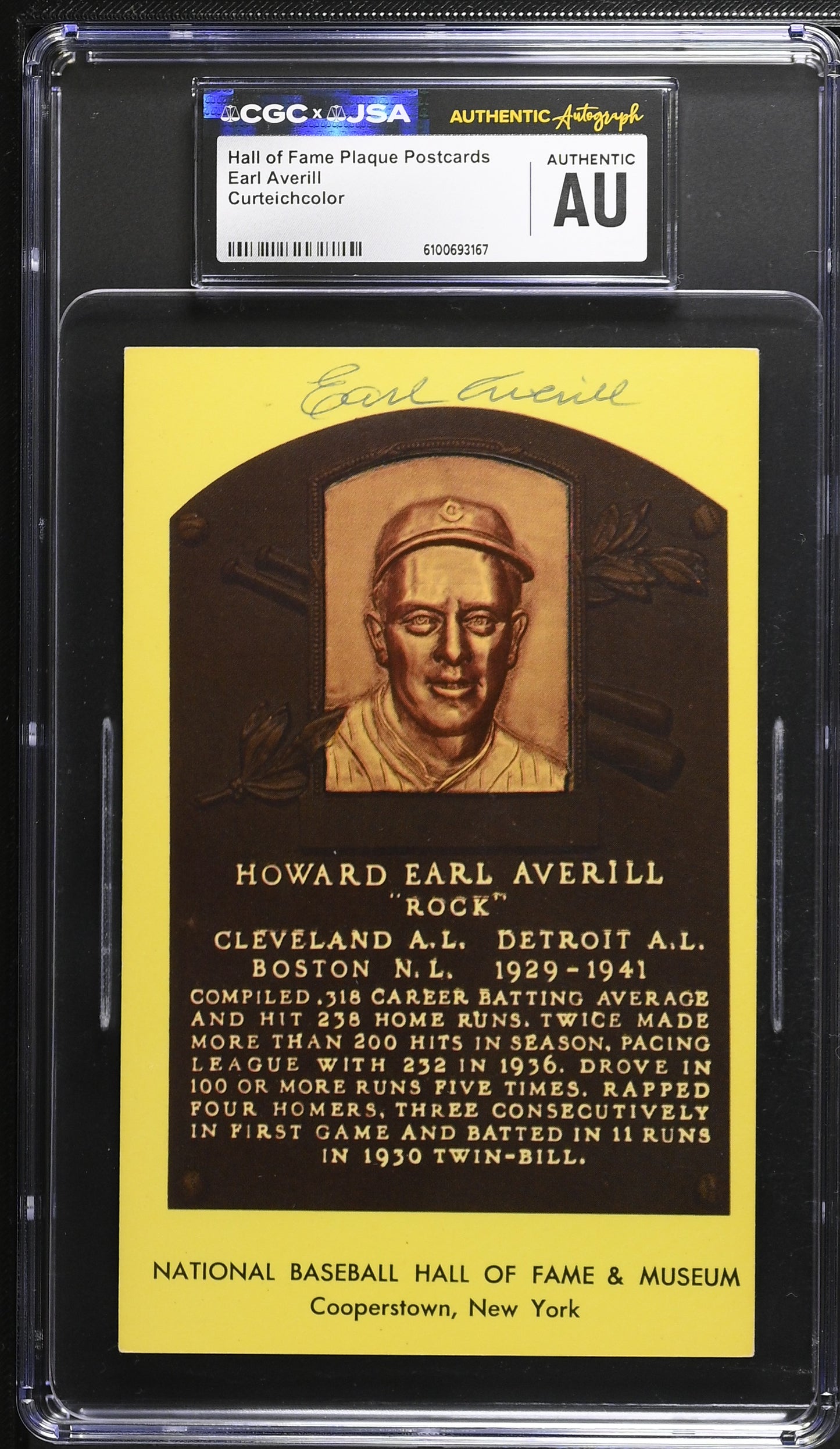 Earl Averill Signed/Auto Gold HOF Plaque Postcard CGC x JSA Reds BA206464