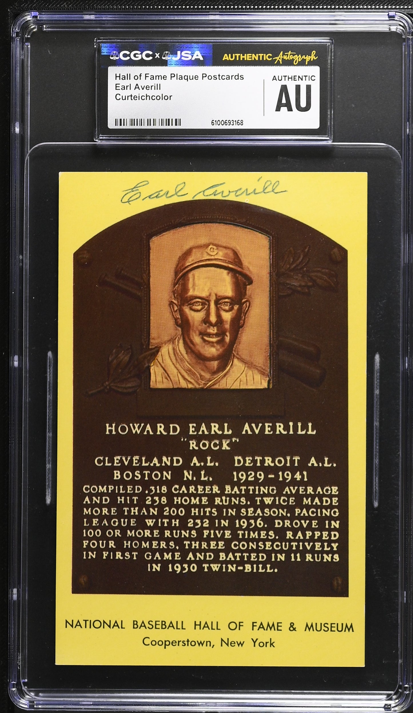 Earl Averill Signed/Auto Gold HOF Plaque Postcard CGC x JSA Reds BA206465