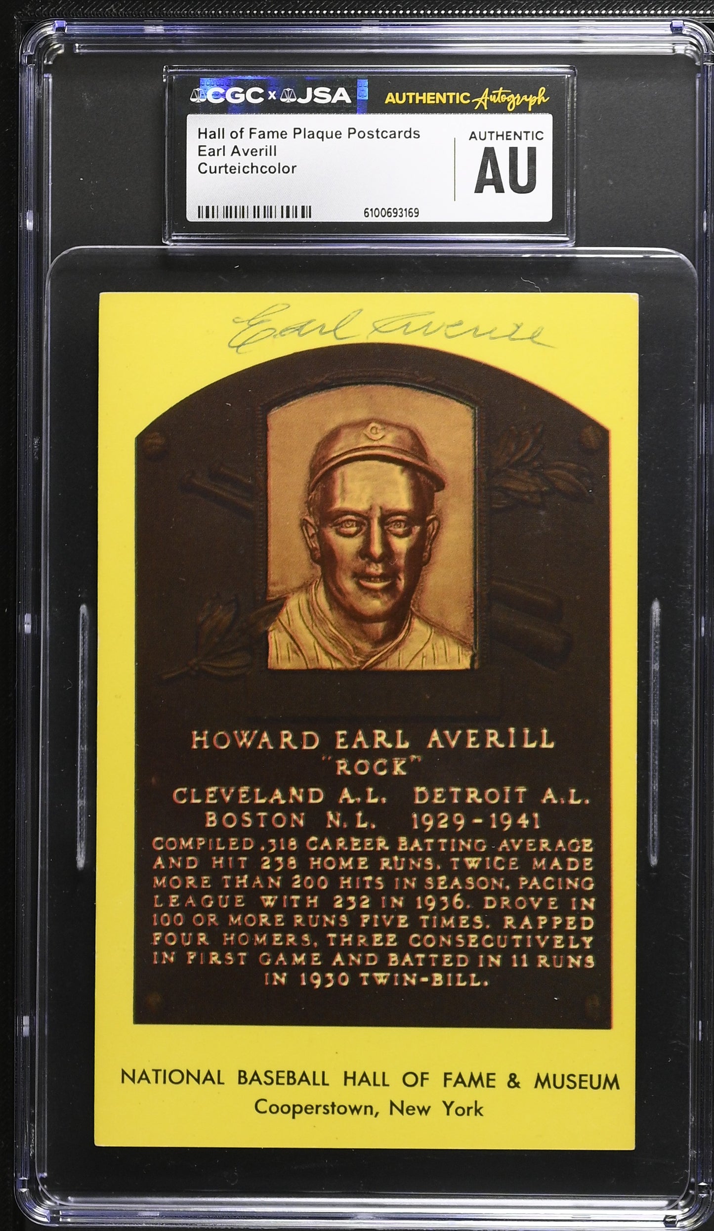 Earl Averill Signed/Auto Gold HOF Plaque Postcard CGC x JSA Reds BA206466