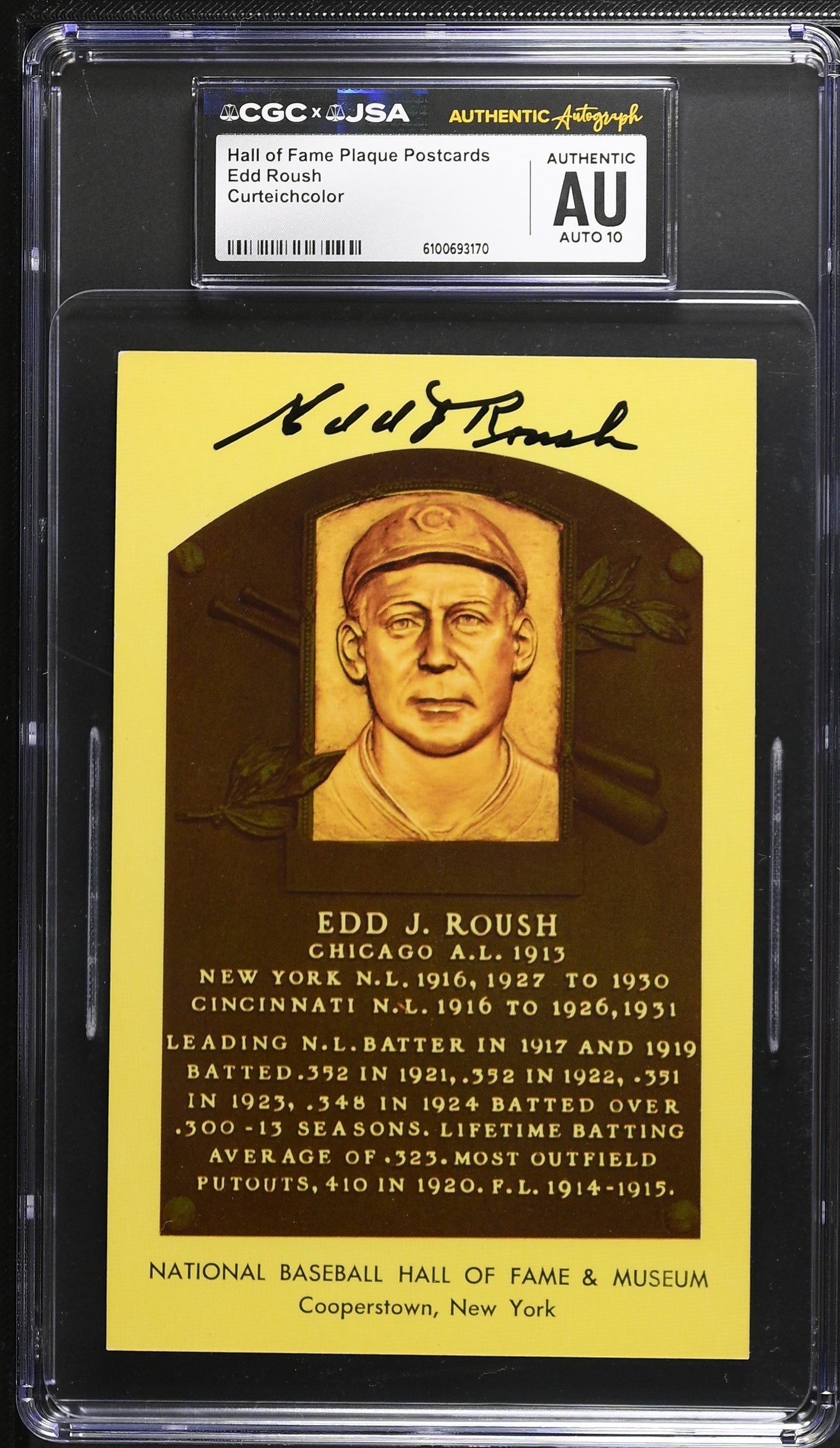 Edd Roush Signed/Auto Gold HOF Plaque Postcard CGC x JSA 10 Reds BA206467