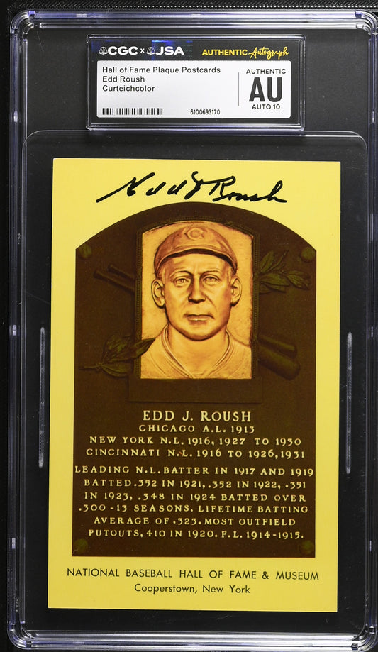 Edd Roush Signed/Auto Gold HOF Plaque Postcard CGC x JSA 10 Reds BA206467