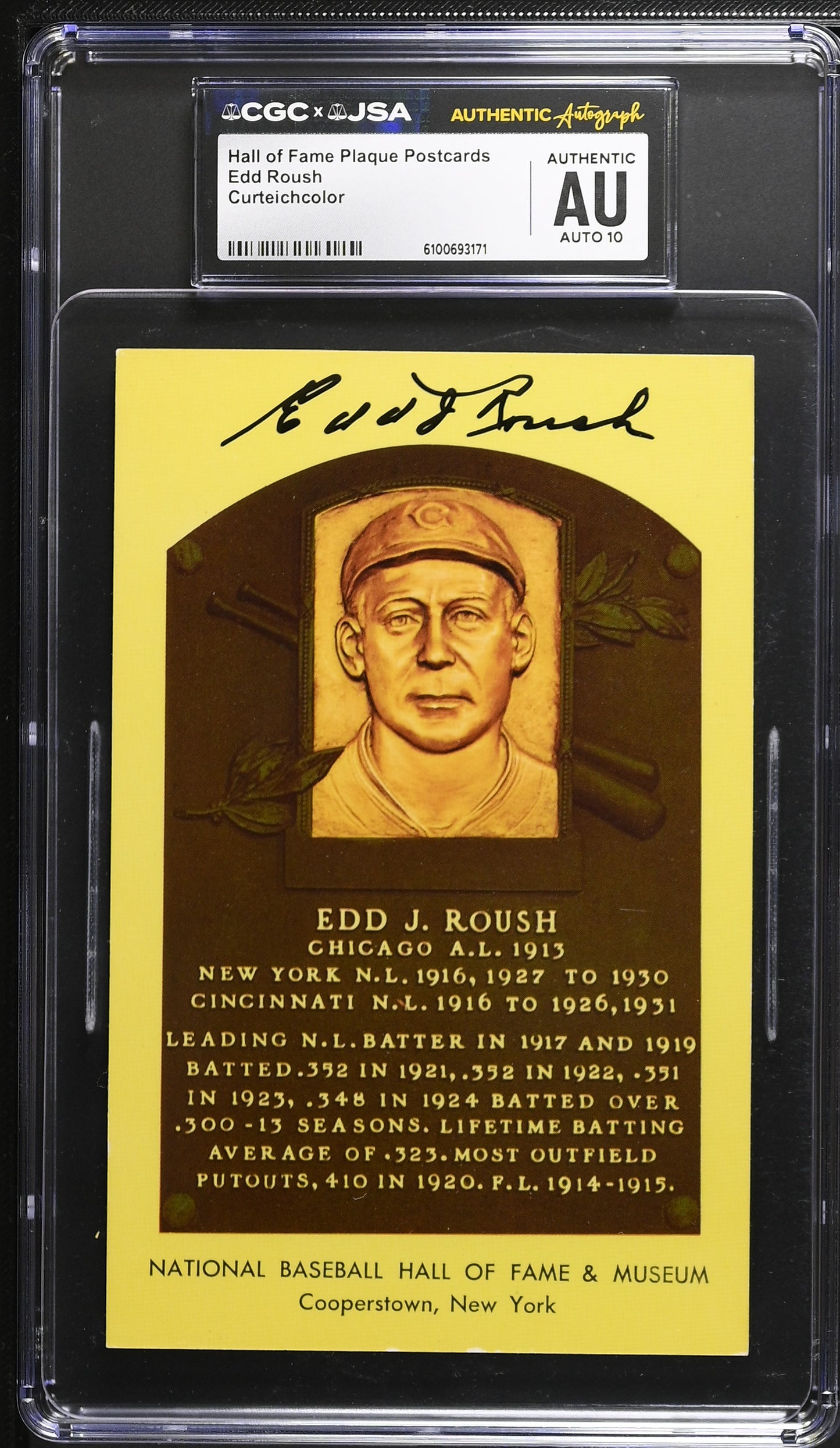 Edd Roush Signed/Auto Gold HOF Plaque Postcard CGC x JSA 10 Reds BA206468
