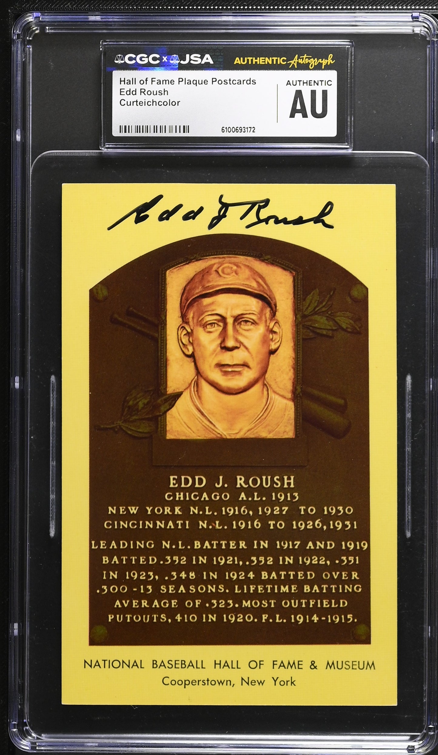 Edd Roush Signed/Auto Gold HOF Plaque Postcard CGC x JSA Reds BA206469