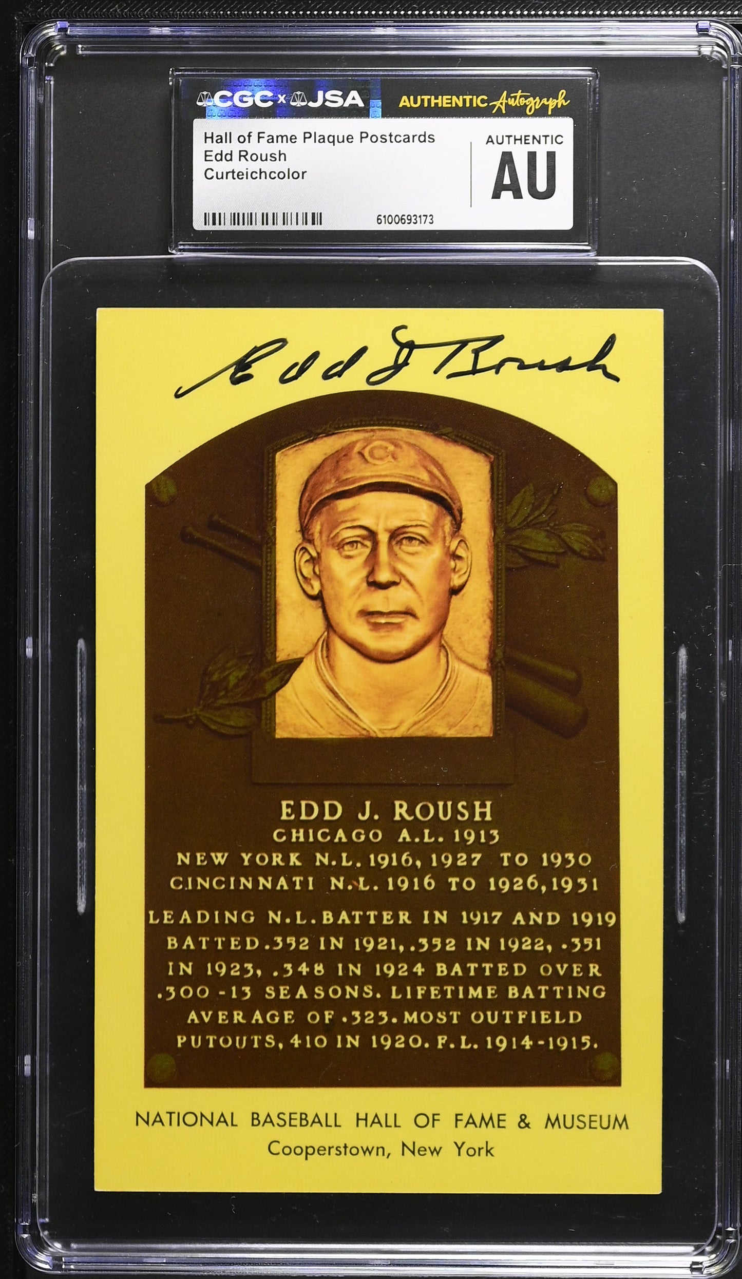 Edd Roush Signed/Auto Gold HOF Plaque Postcard CGC x JSA Reds BA206470