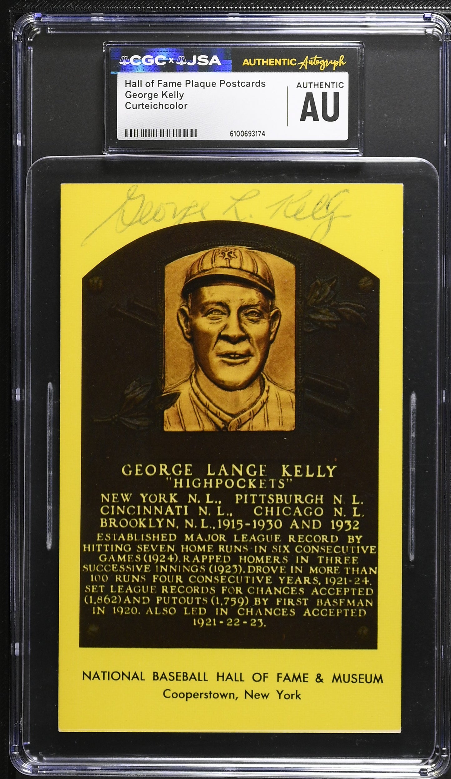 George Kelly Signed/Auto Gold HOF Plaque Postcard CGC x JSA Mets BA206471