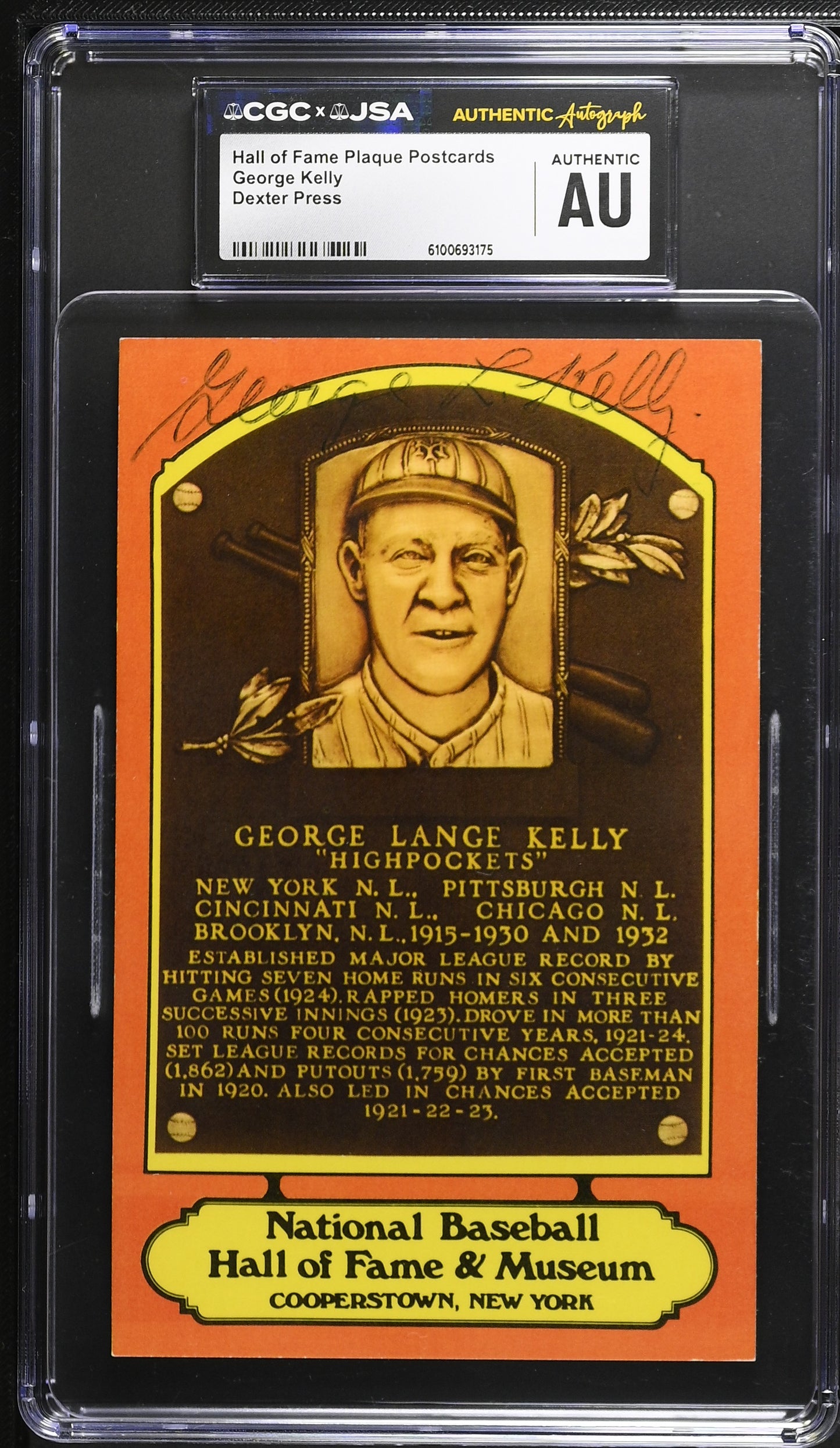 George Kelly Signed/Auto Gold HOF Plaque Postcard CGC x JSA Mets BA206472