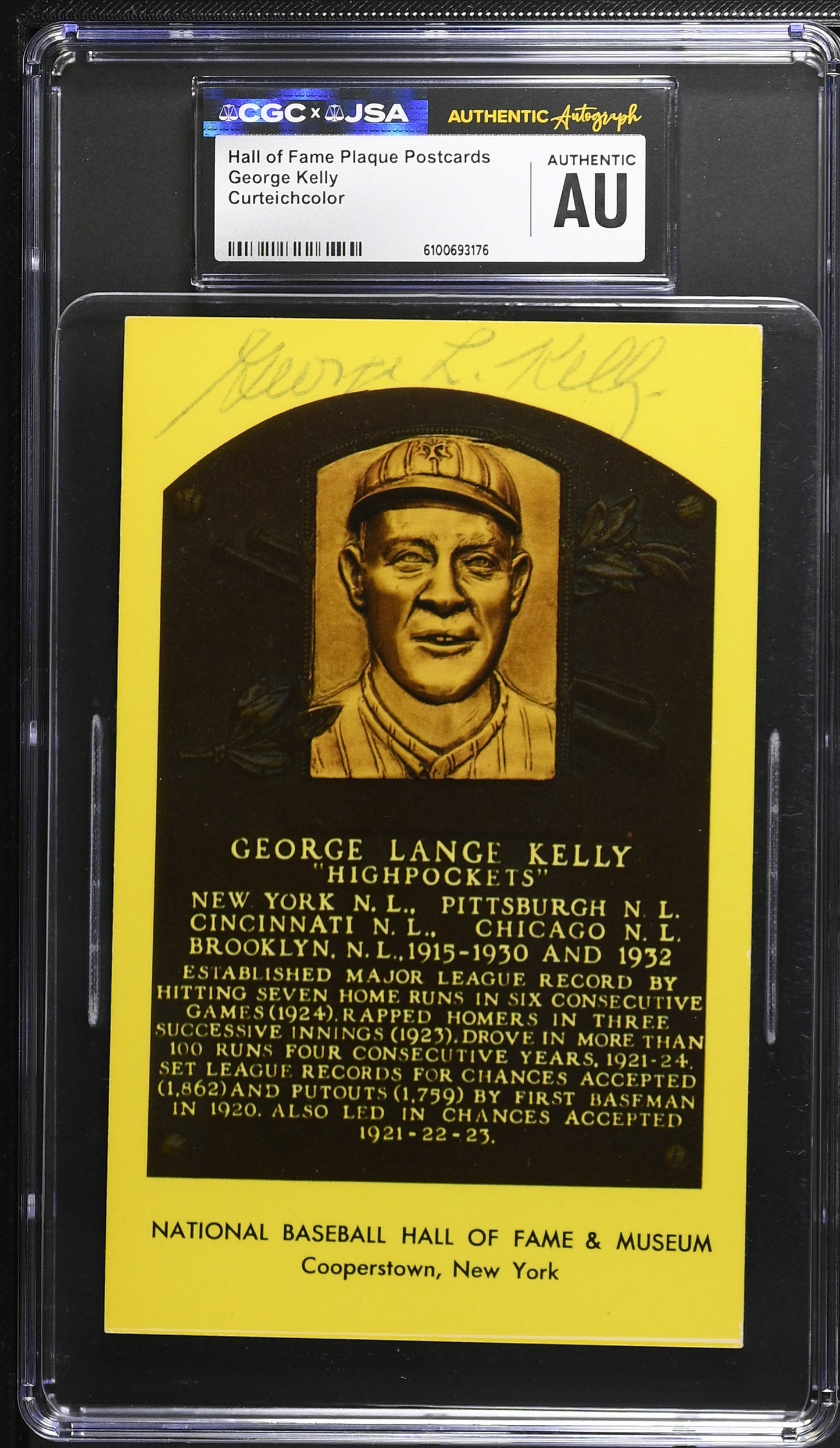 George Kelly Signed/Auto Gold HOF Plaque Postcard CGC x JSA Mets BA206473