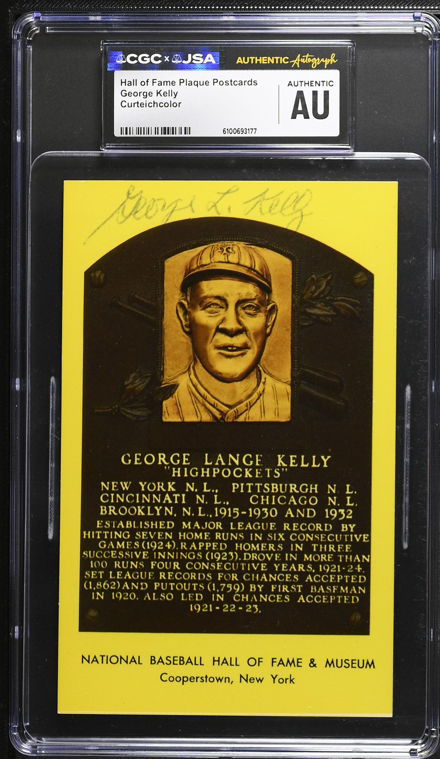 George Kelly Signed/Auto Gold HOF Plaque Postcard CGC x JSA Mets BA206474