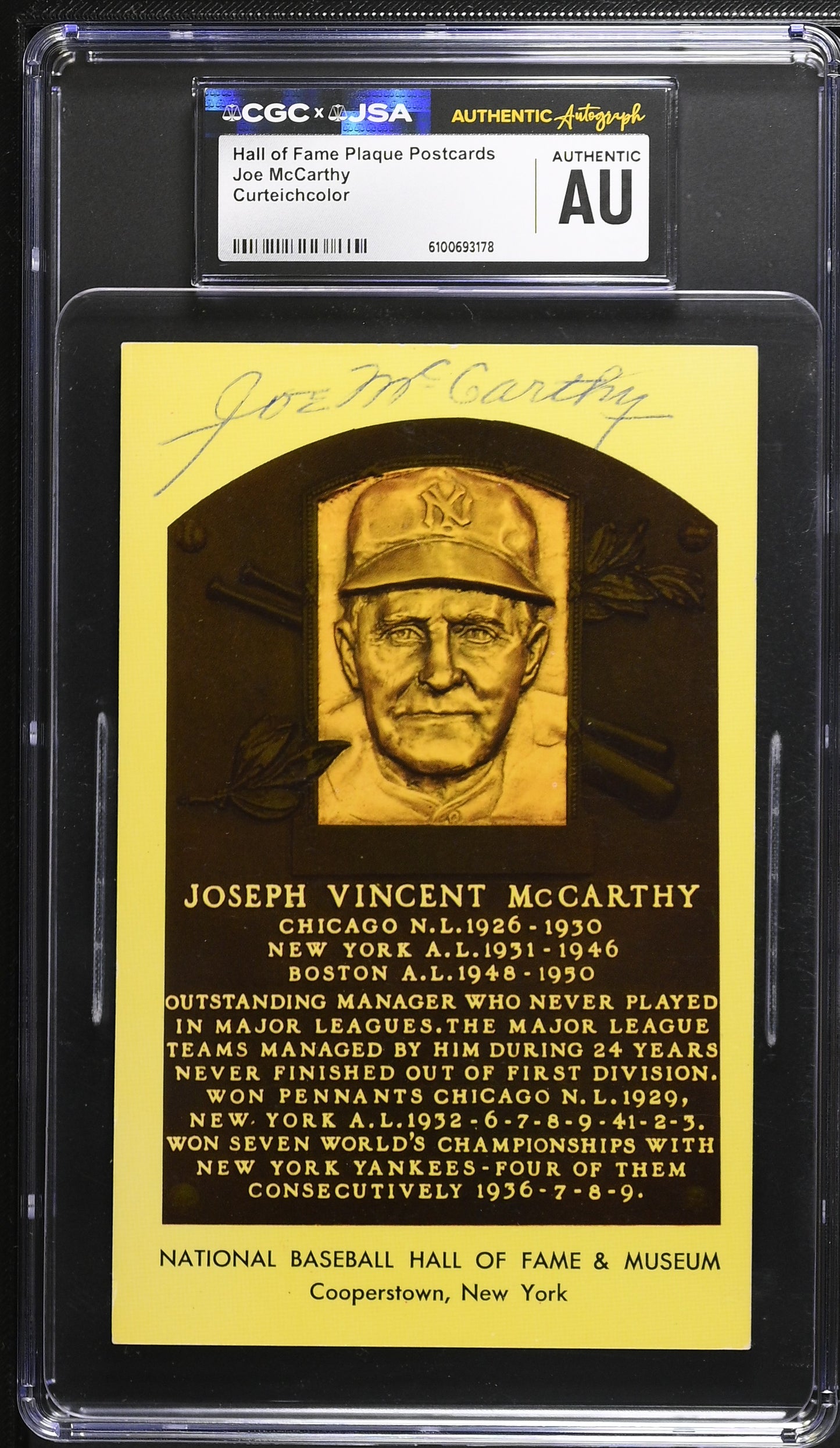 Joe McCarthy Signed/Auto Gold HOF Plaque Postcard CGC x JSA Yankees BA206475